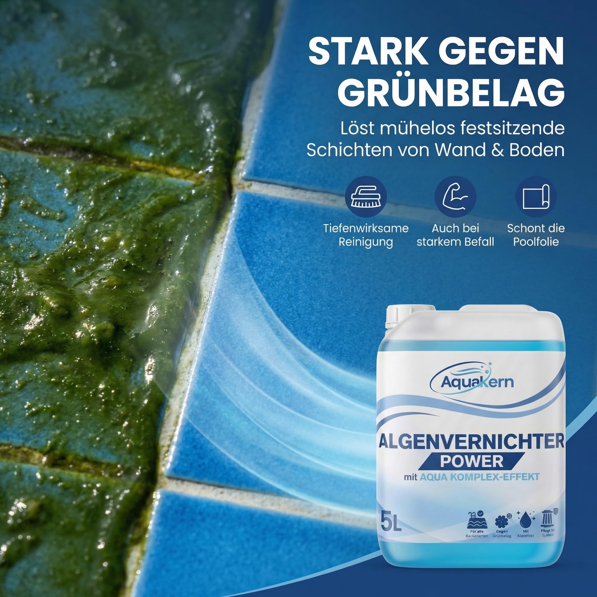 Algenvernichter Pool Power 5L [mit Aqua KLAR KOMPLEX] entfernt Grünbelag | Algizid bei Grünalgen | Für mehr als 250.000 Liter | Schaumfreier Algenverhüter | Algenschutz | Made in Germany