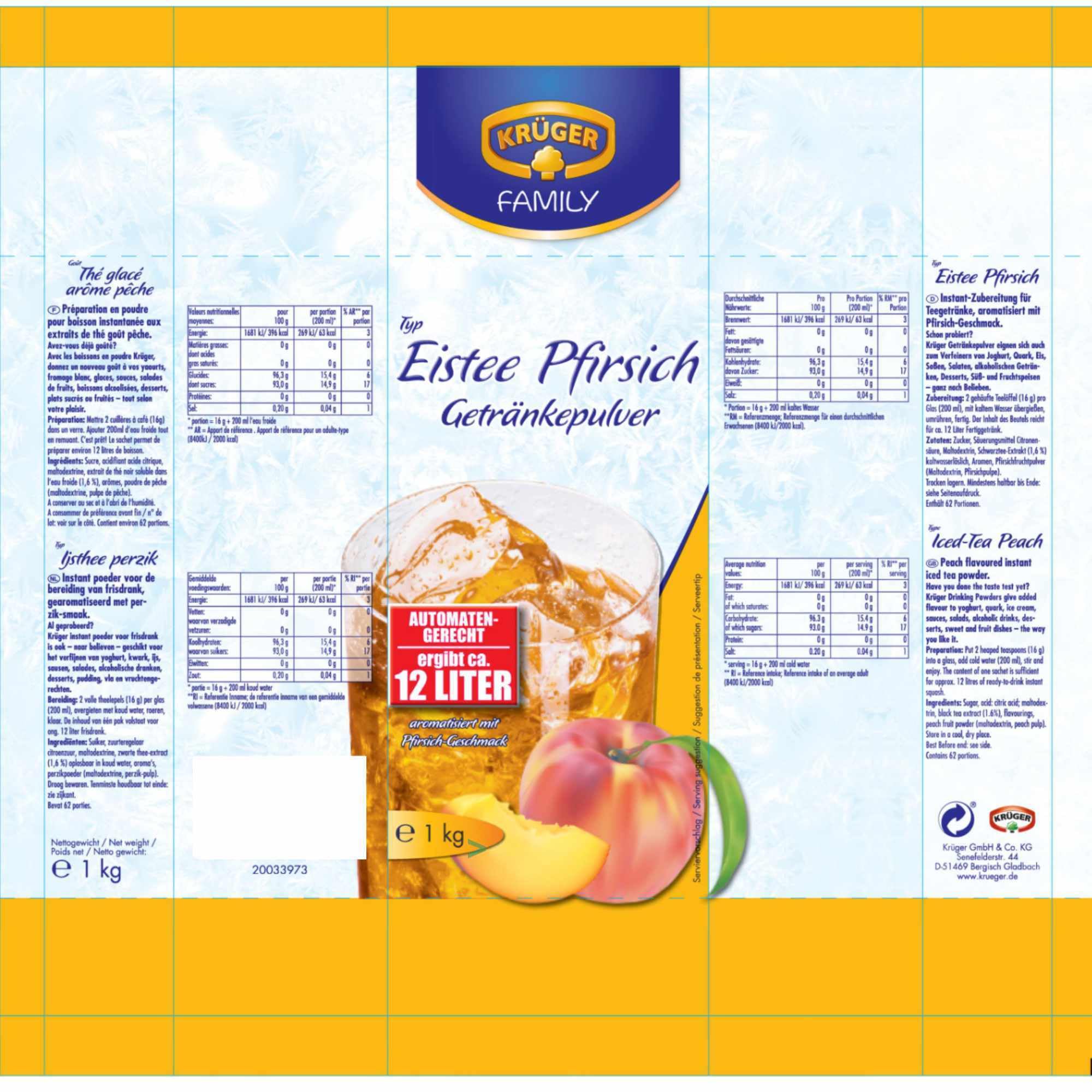 Krüger Eistee Pfirsich Getränkepulver 6er Pack (6x1kg Beutel) + usy Block