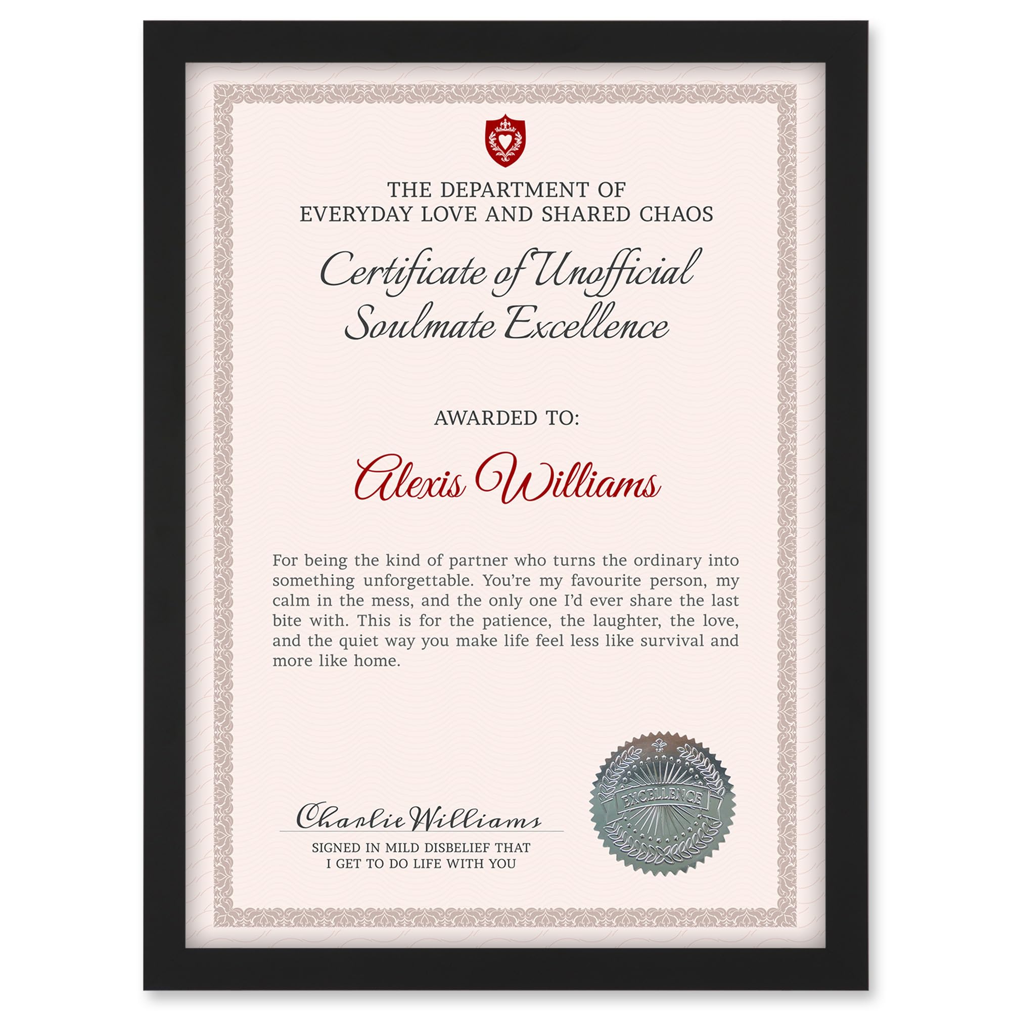 Artery8 Partner Soulmate Personalised Certificate Excellence A4 Black Framed Diploma Novelty Award Thank You Valentines Anniversary