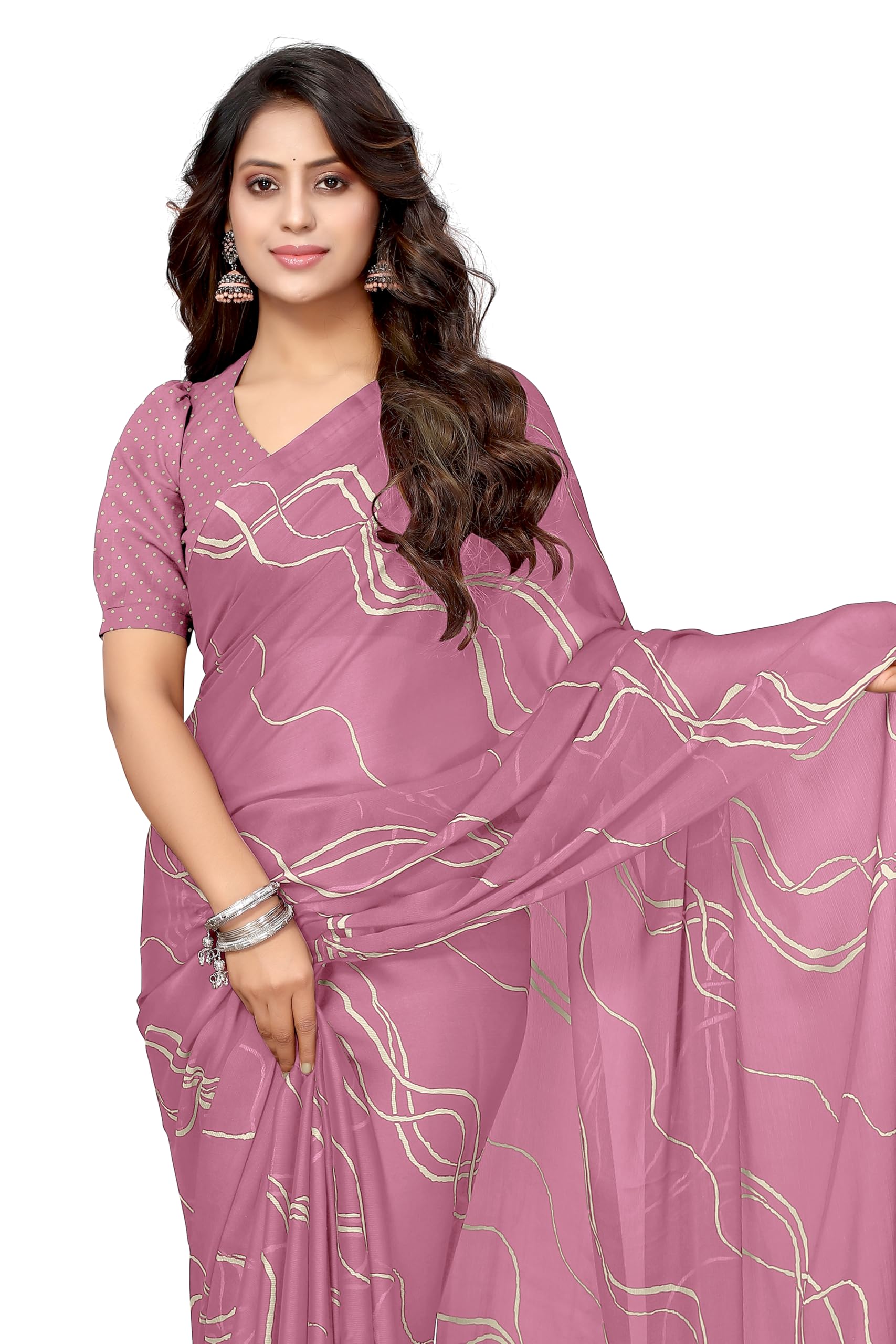 Women's Plain Weave Chiffon Geometric Printed Saree with Blouse Piece-image-44