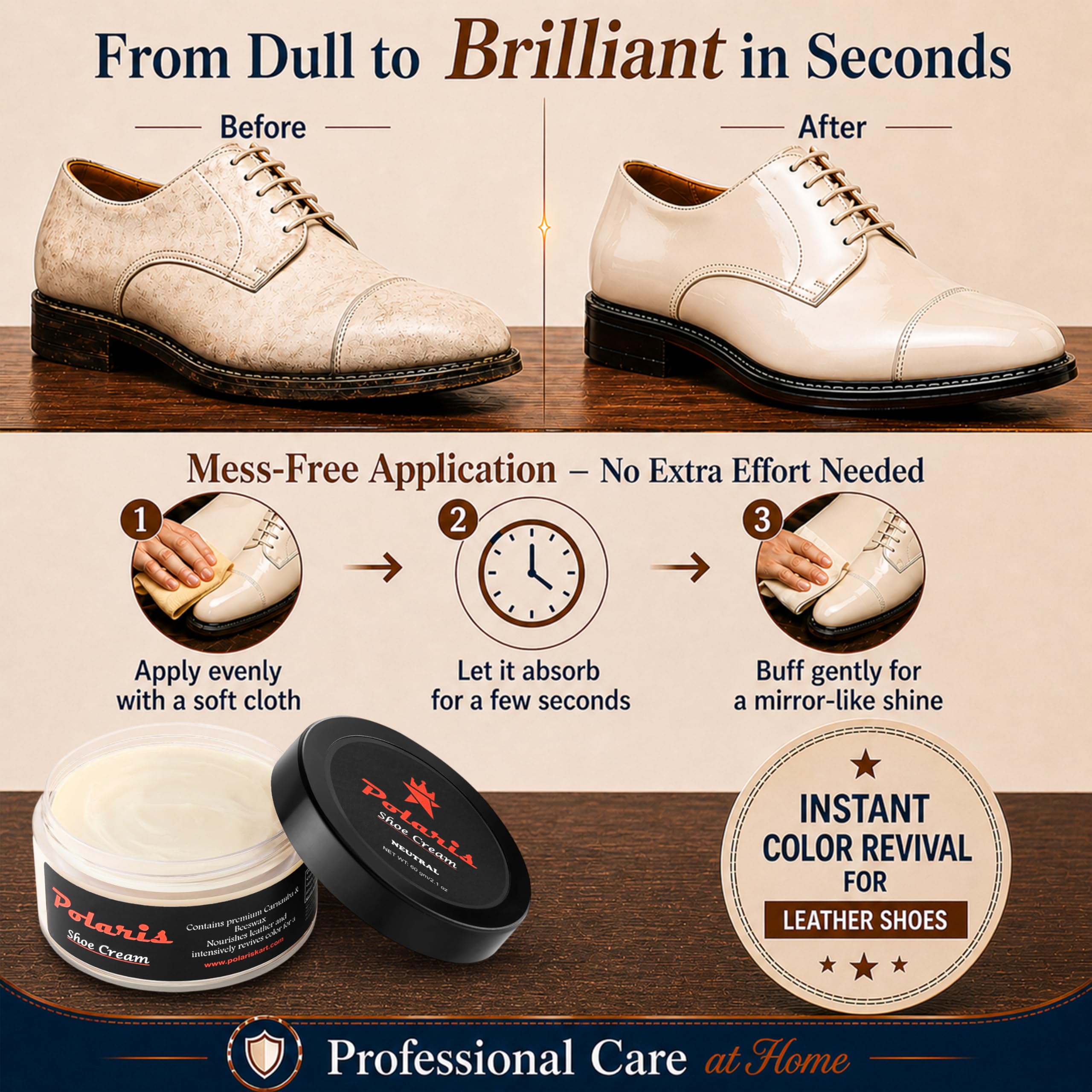 polaris Shoe Cream Neutral 60gm | Premium Leather Shoe Polish & Shoe Shine Cream | Long Lasting Leather Conditioner Shoes & Shoe Color Restorer for Formal Shoes, Boots, Bags & Belts 1