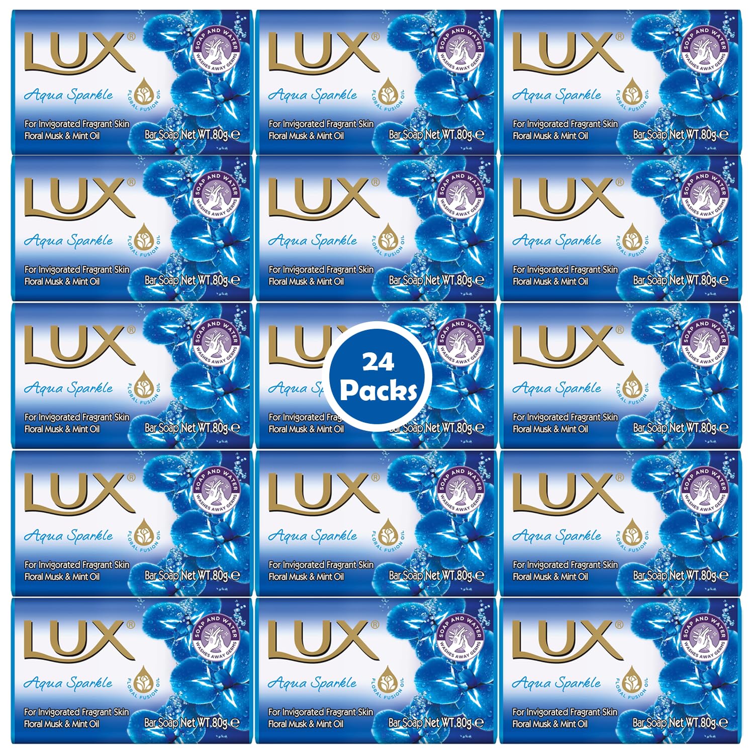 LUX Aqua Sparkle Soap Bar 80g Pack of 24 – Refreshing Fragrance with Floral Notes – Gentle on Skin – Long Lasting Luxury Bath Soap for Daily Use – Bulk Buy Family Pack