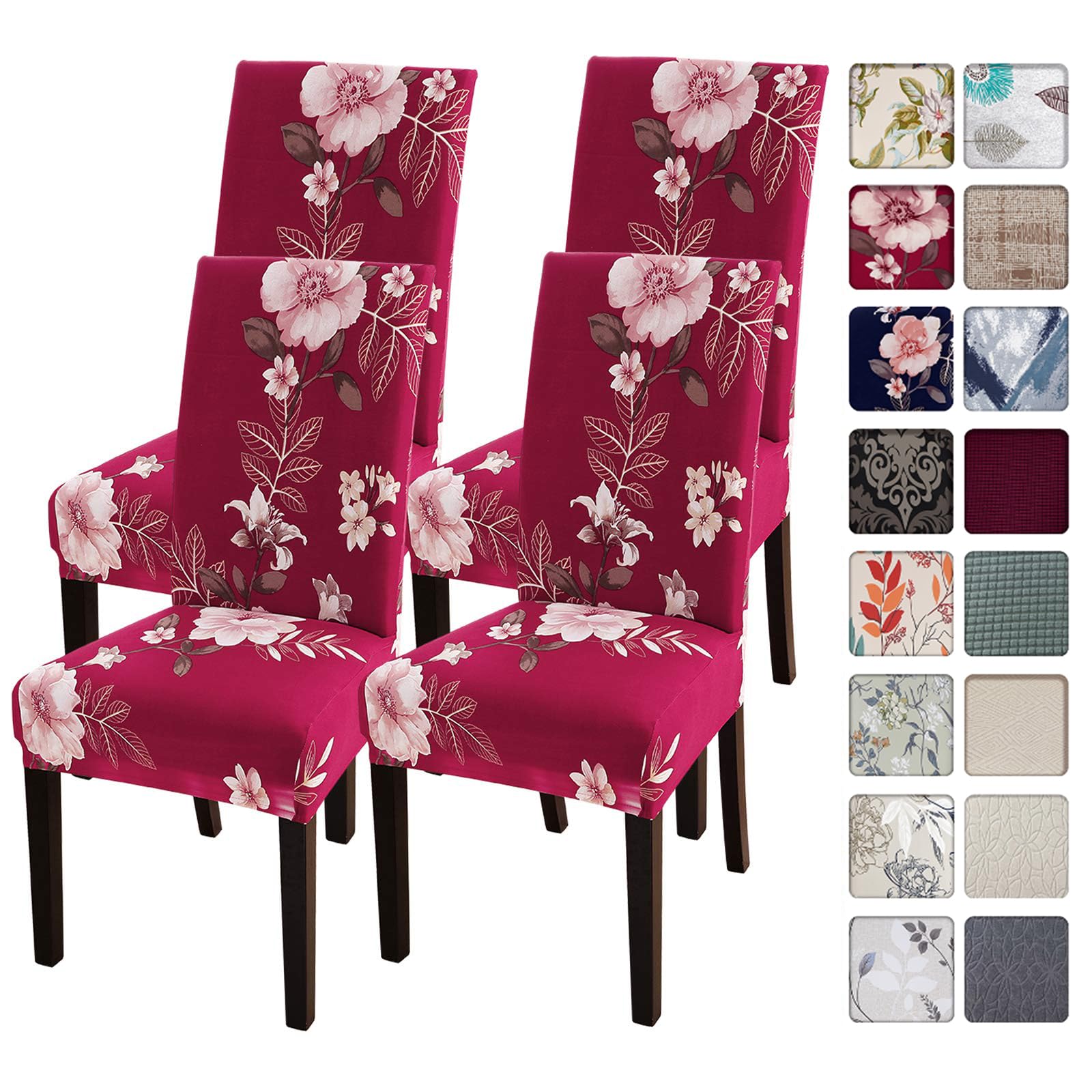SearchI Dining Room Chair Covers Slipcovers Set of 4, Spandex Super Fit Stretch Removable Washable Kitchen Parsons Chair Covers Protector for Dining Room,Hotel,Ceremony,Red+Flowers
