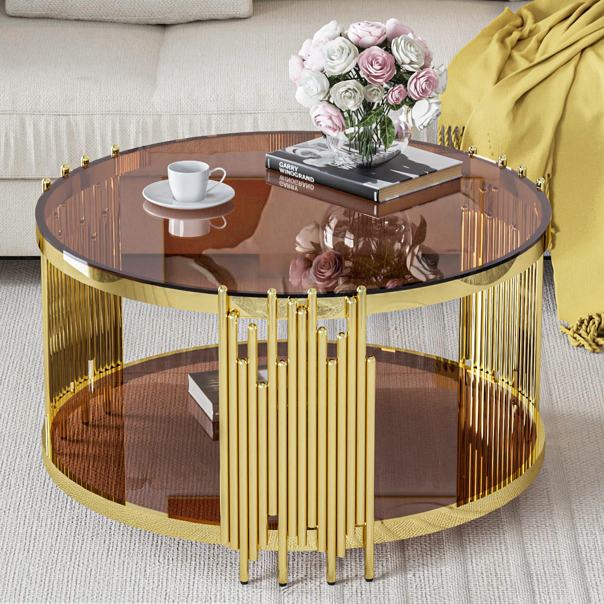 Sybrioka Luxury Gold Round Glass Coffee Table, 31.5" Modern Center Table with Stainless Steel Irregular Leg Brown Tempered Glass Tabletop, Accent