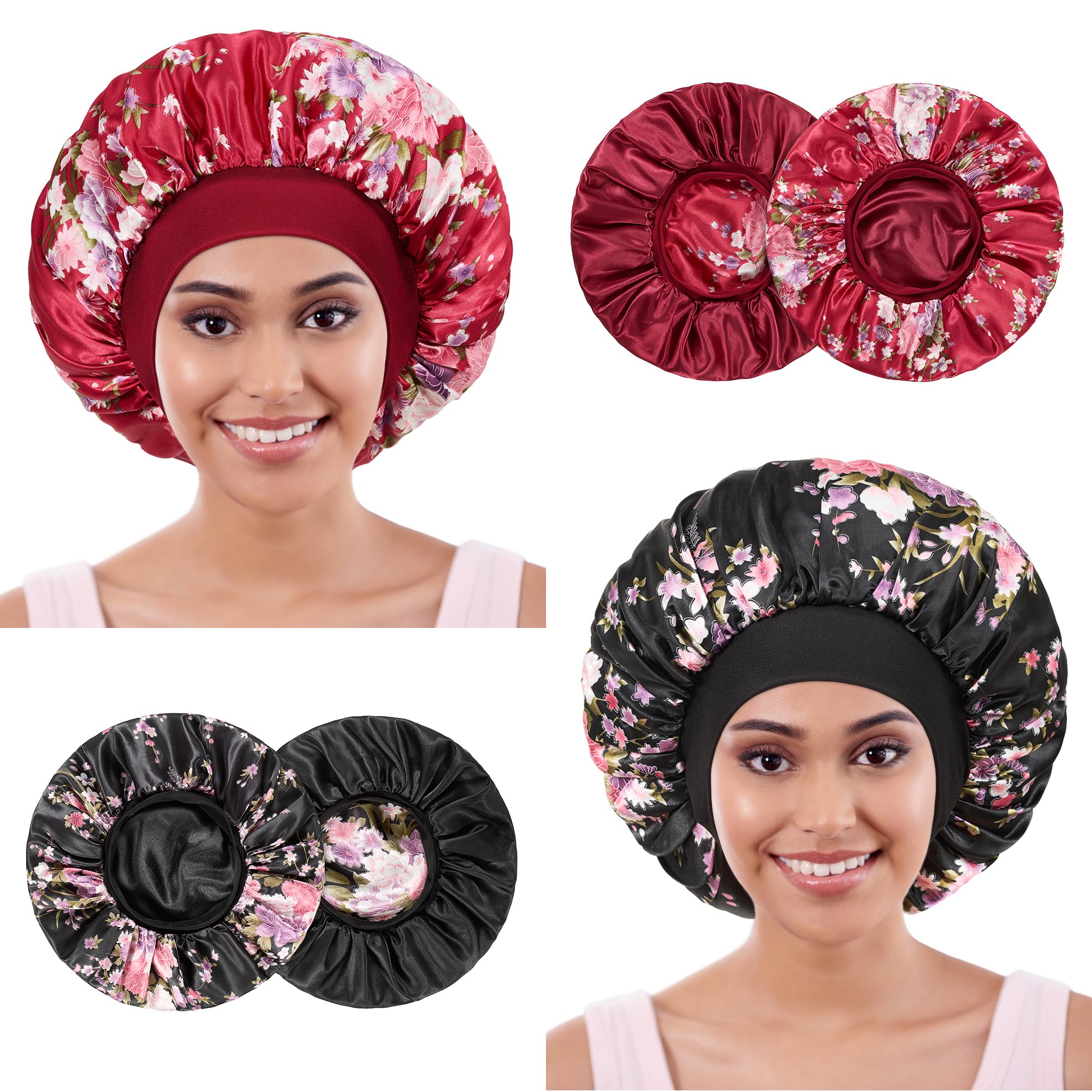 PHILIGHTS 2pcs Double Layer Two-Color Satin Silk Hair Bonnet for Sleeping Women, Reversible Sleep Bonnets for Women, Wide Band Sleep Cap for Curly