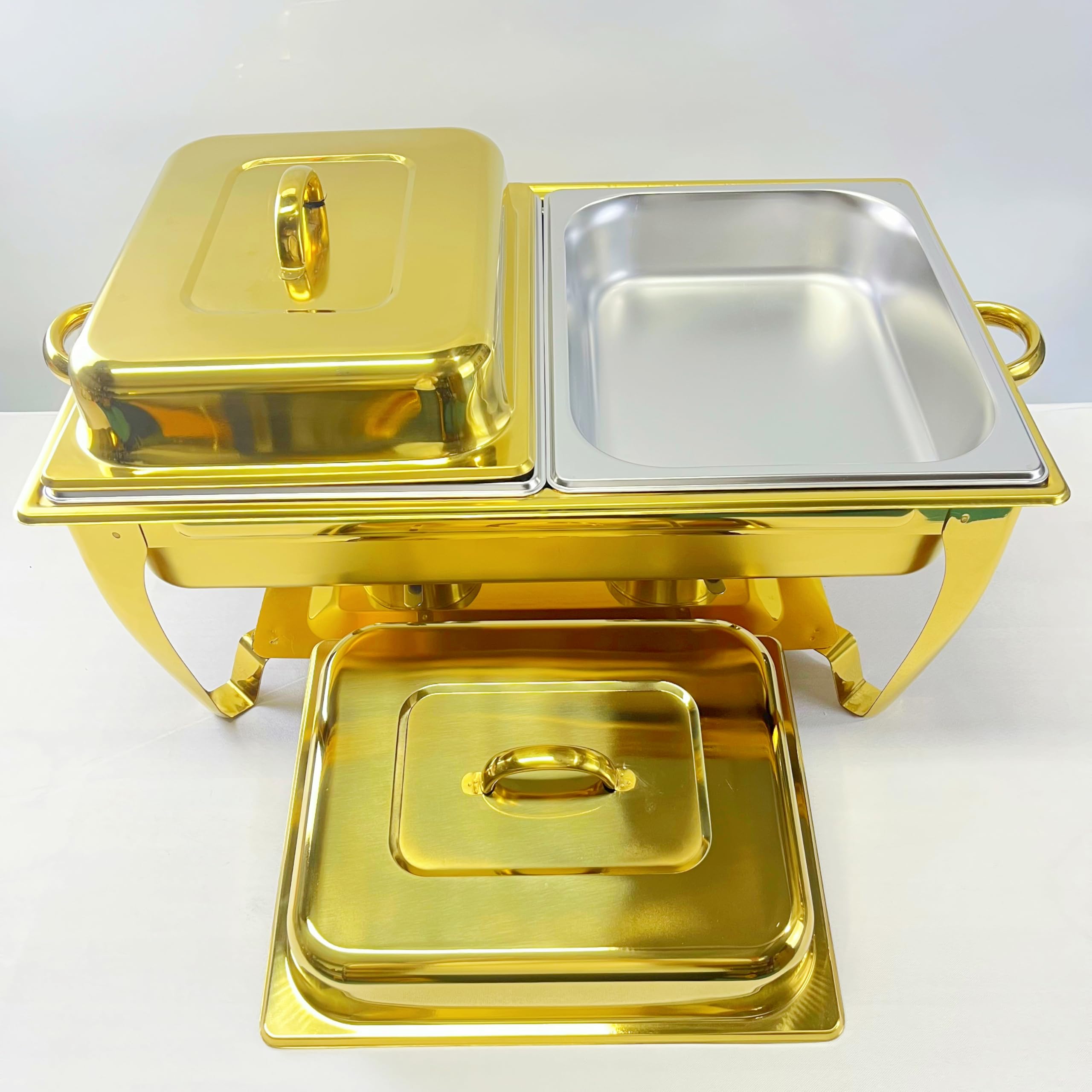 Golden Buffet - Juego de platos de acero inoxidable de 9 L con soporte para combustible y bandeja de agua, perfecto para banquetes, recepciones, bodas y eventos de catering