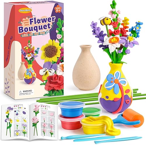 Drama Planet Kit de manualidades de flores para niños, haz tu propio ramo de flores con arcilla seca al aire, organiza flores de arcilla y crea arte