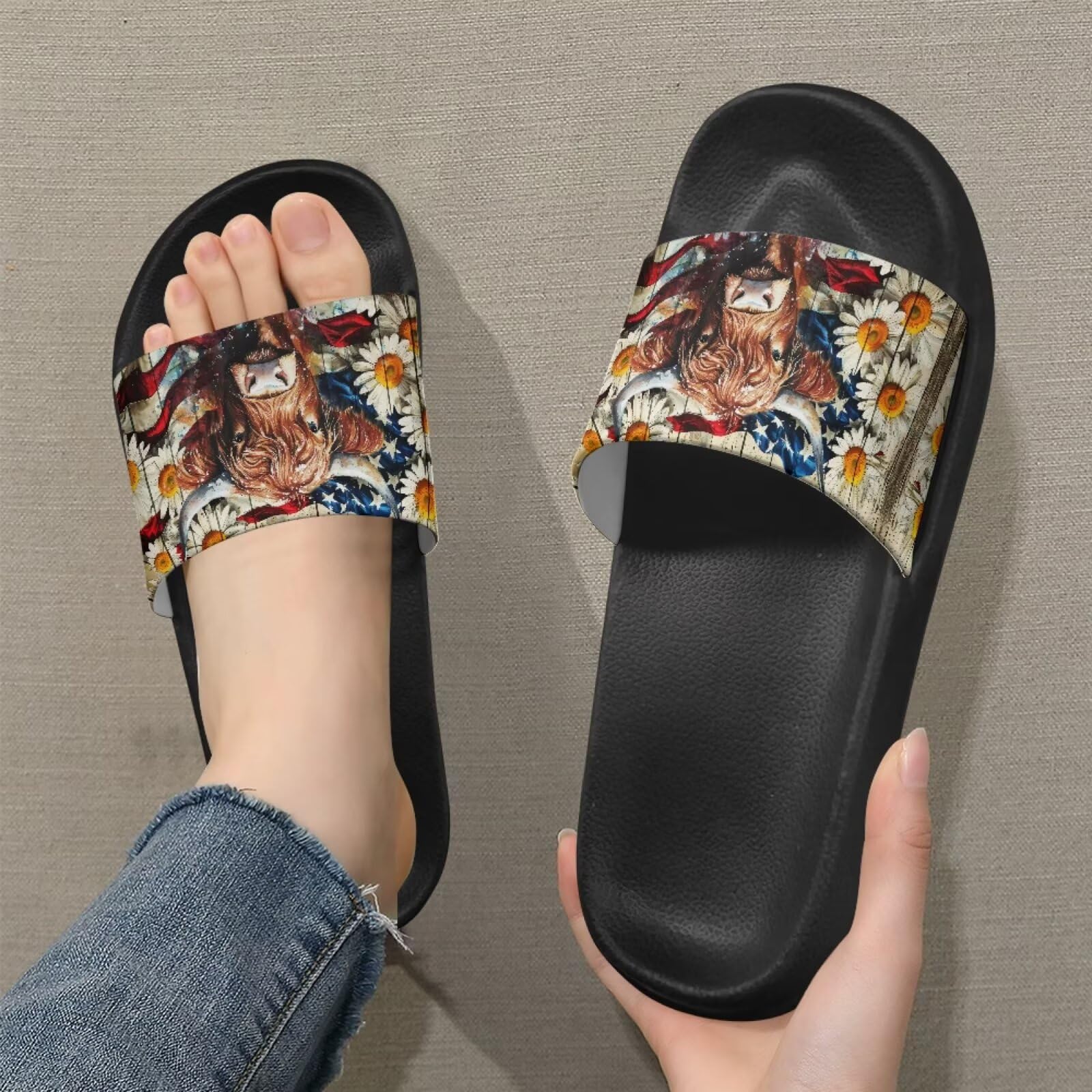 Jeiento Highland Cow American Flag Slide Shower Shoes Non Slip Thick Cushion Mens Sandals Slip On Beach Water Shoes Quick Drying Comfy Walking Travel Shoes,Size 8