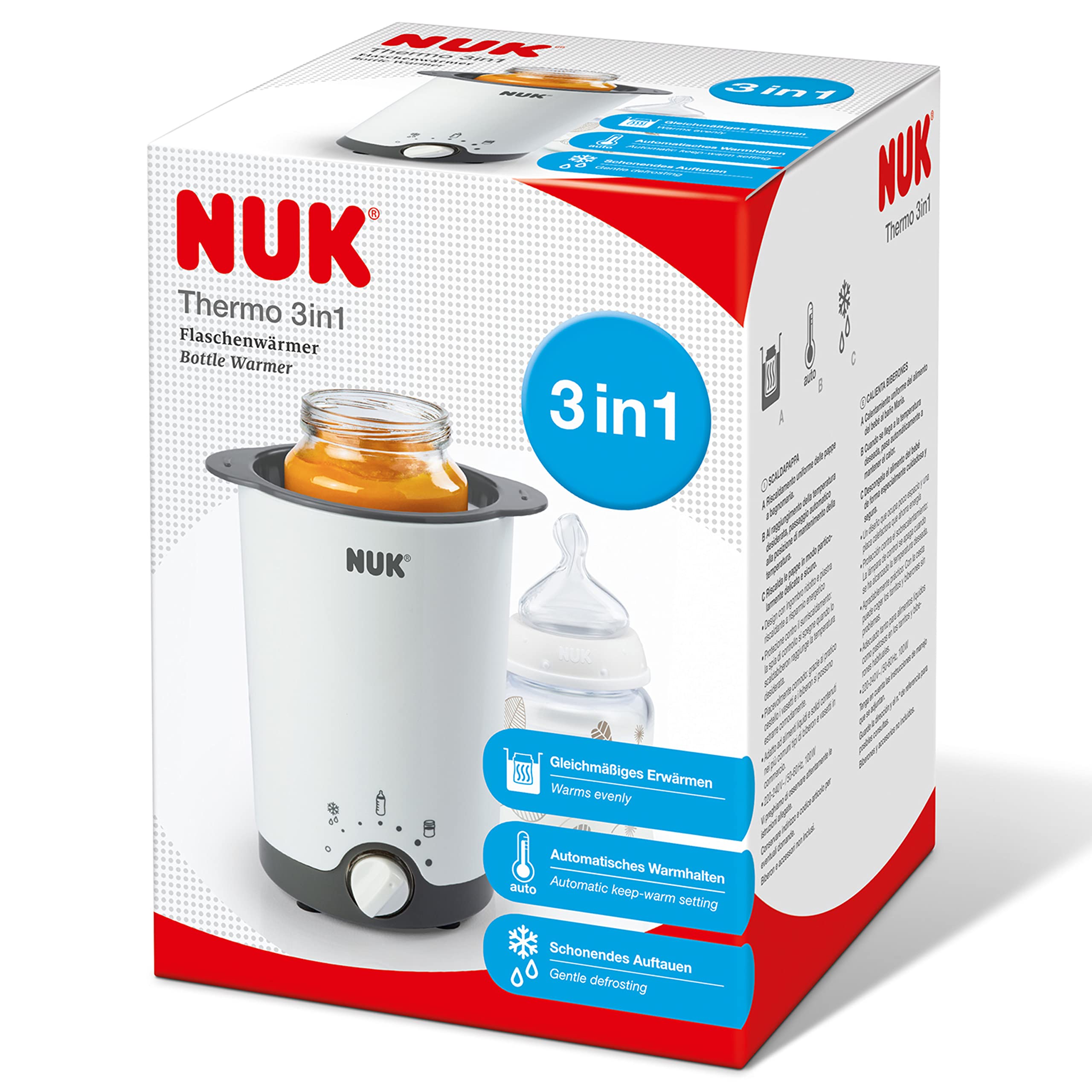 NUK Thermo 3in1 scaldabiberon | Scongela delicatamente, riscalda e mantiene la temperatura di cibi liquidi e morbidi | Cestello estraibile per una semplice rimozione | Spina europea a 2 poli