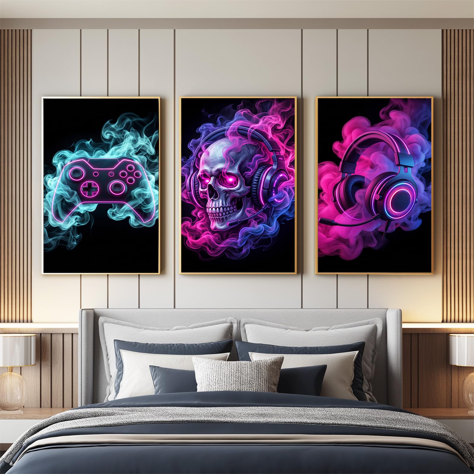 Générique Impression sur Toile Tableaux Decoratifs Muraux Déco Fantaisie Gaming 50 x 70 cm Decoration Murale Peinture, Néon Casque Manette, Pour Chambre Maison