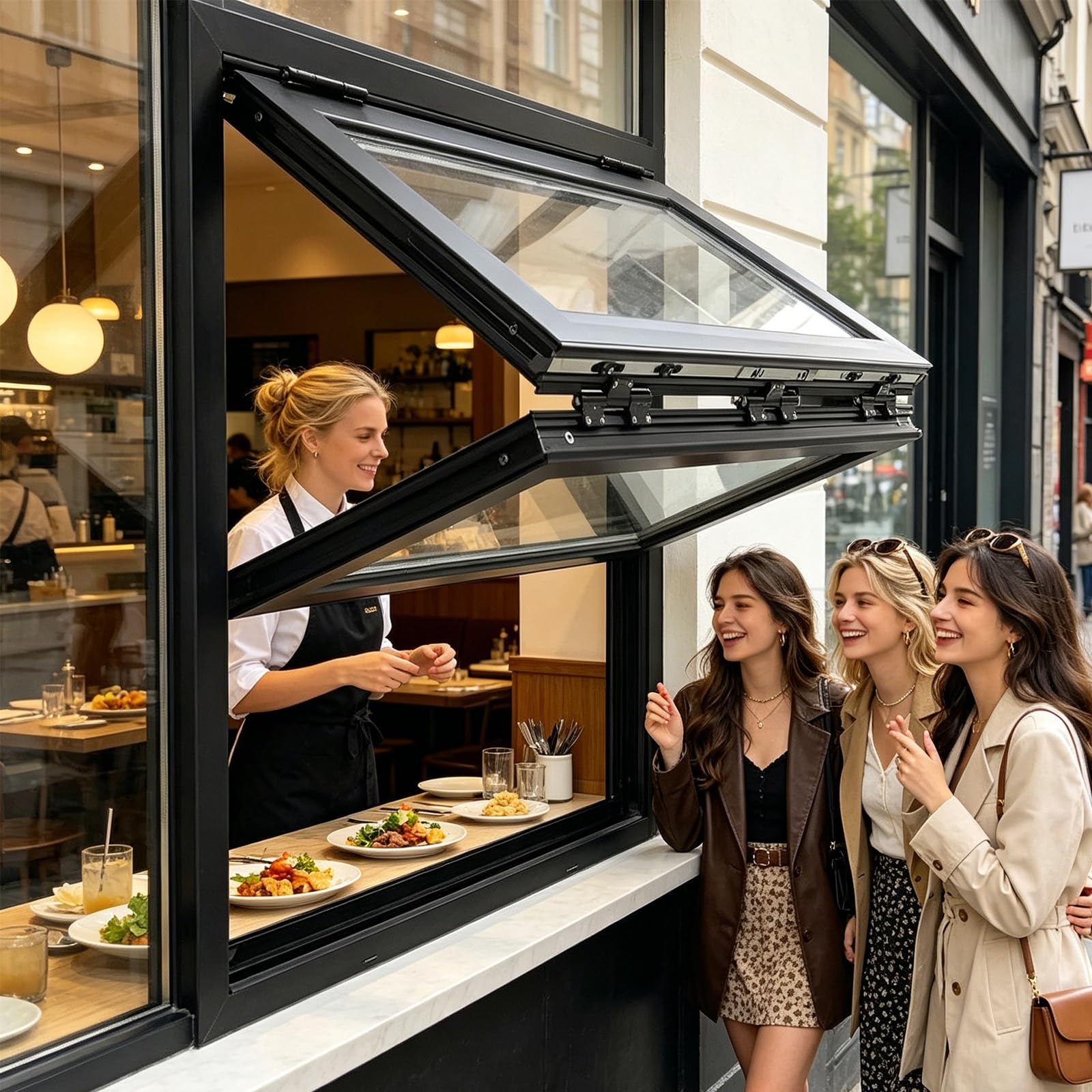 Premium vertikal faltende Verkaufsfenster aus Aluminiumlegierung mit verschließbares Fenster für Imbisswagen, Wohnmobile, Küchen und Gastronomiebetriebe(Black,36x60in/91.5x152.4cm)