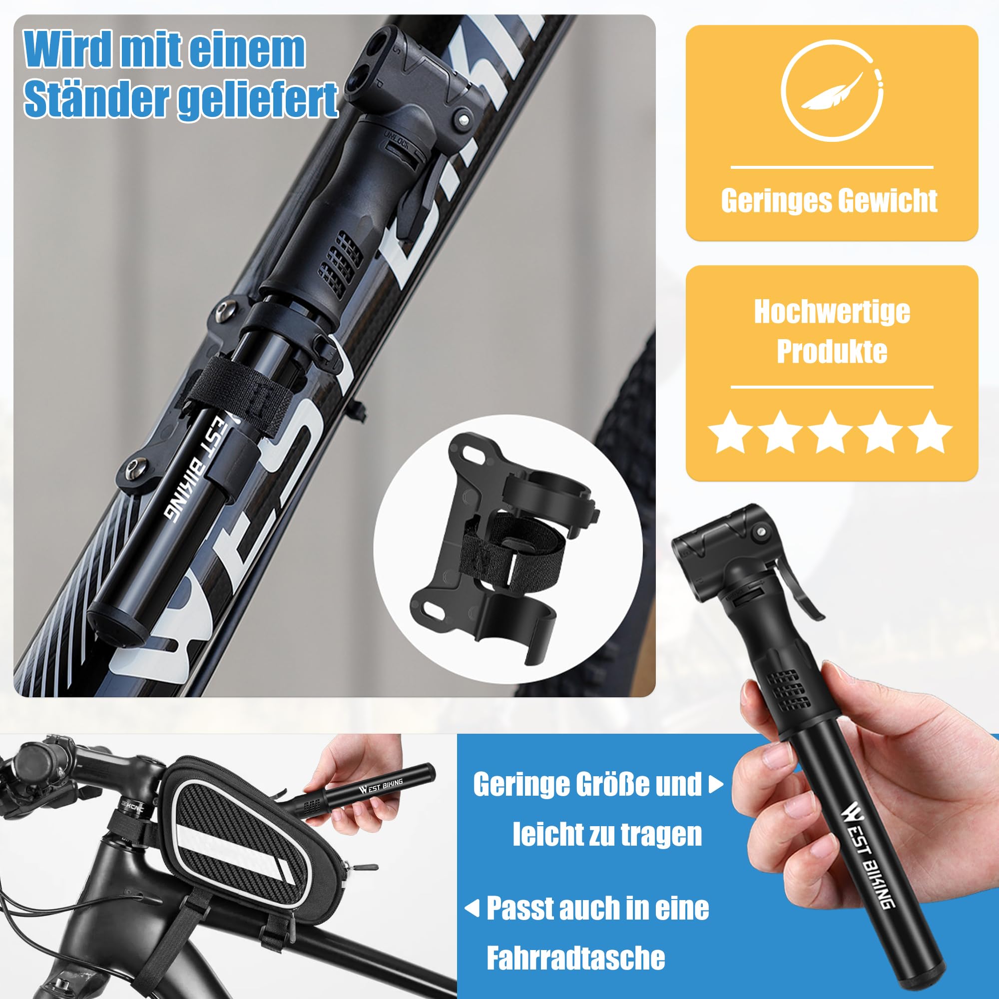 Fahrrad-Minipumpe Aus Alu – Tragbarer Mini-Inflator Für Presta & Schrader Ventile, Mit Montagehalterung Fürs Rad