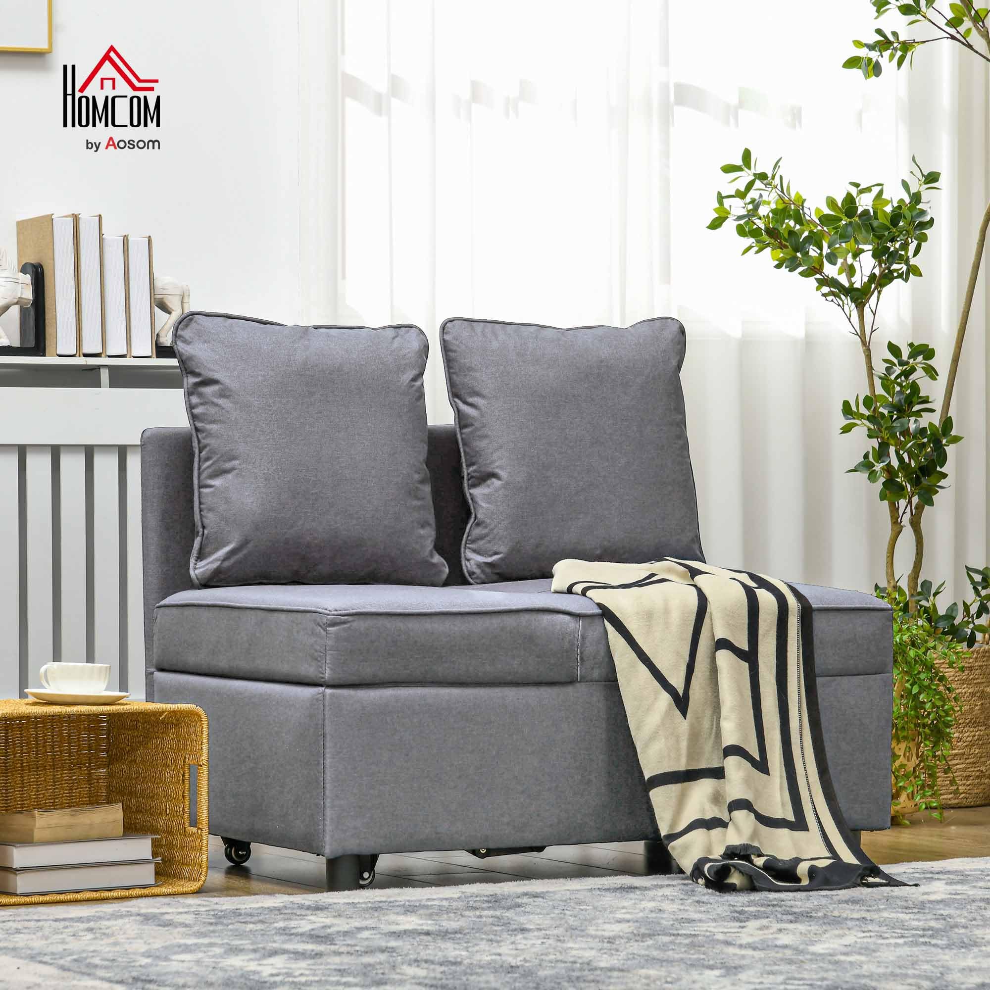 HOMCOM Poltrona Letto 3 in 1 Imbottita con Schienale Regolabile in 5 Posizioni e Cuscini, Divano Letto Una Piazza e Mezza in Tessuto Effetto Lino e Legno per Soggiorno, 98x71x67 cm, Grigio Scuro
