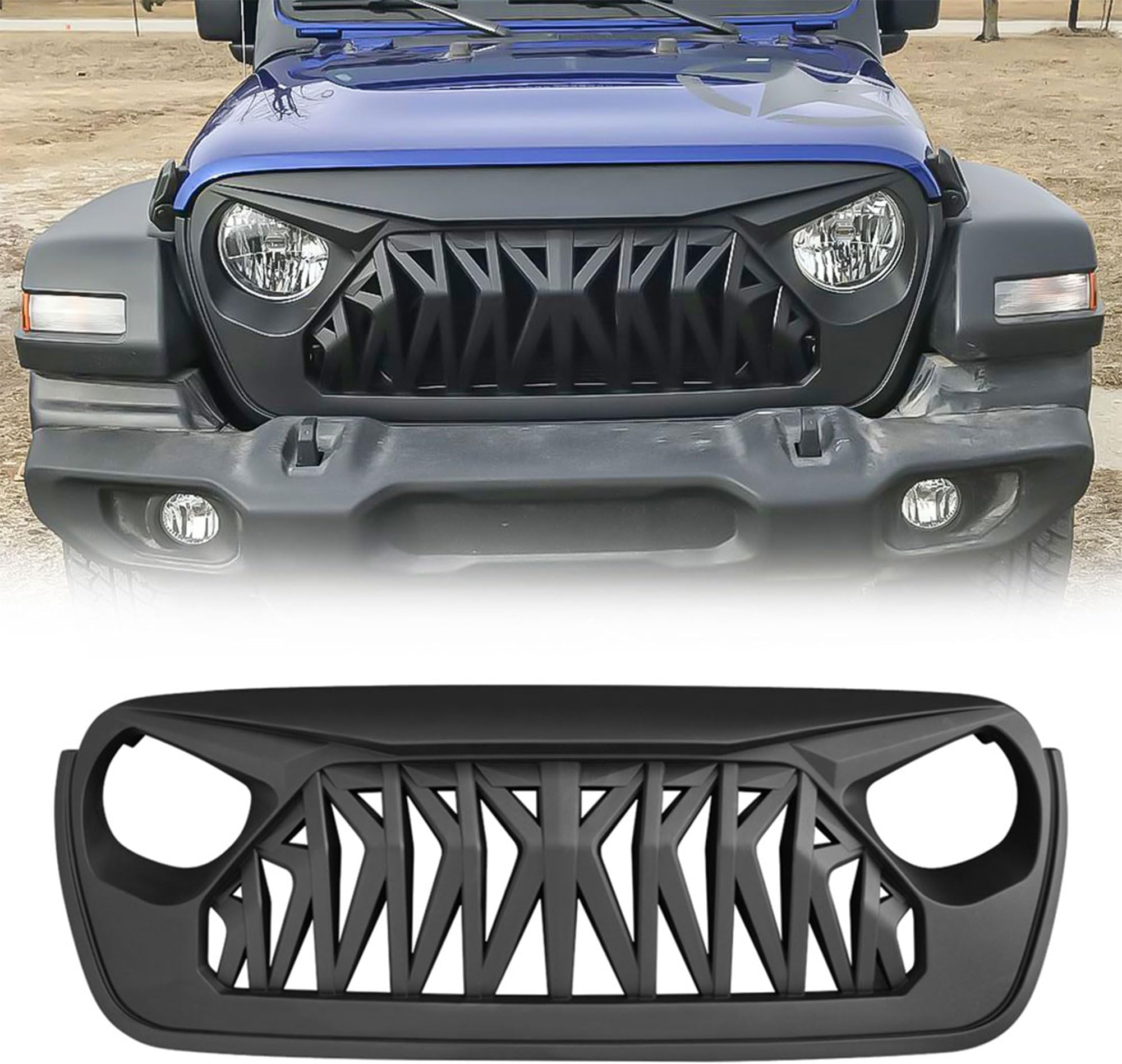 AMERICAN MODIFIED Aggressive Front Shark Grille Compatible with Jeep 2018+ Wrangler JL and 2020+ Gladiator JT Models w/o TrailCam, Matte Black