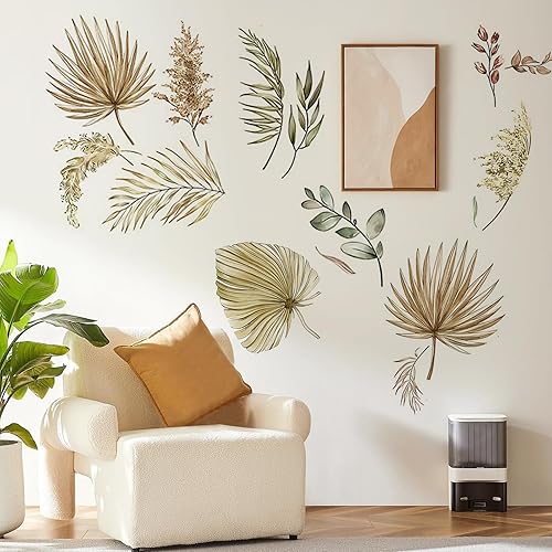Miniatura 5 de TMGSK 2 hojas de calcomanías de pared de hojas de cardo de palma, estilo bohemio, removibles, plantas tropicales, hojas de árboles, flores,