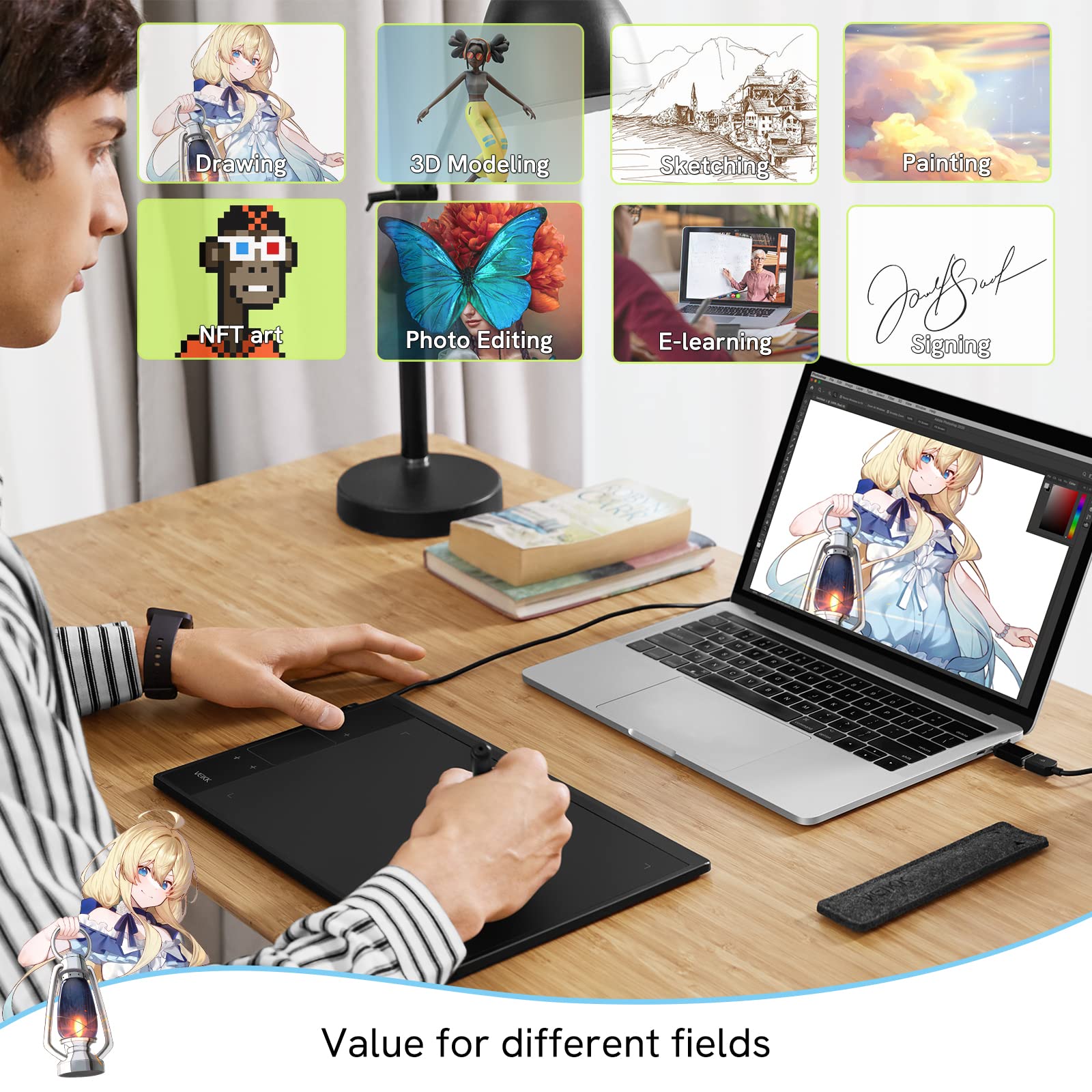 VEIKK A30 Grafiktablett mit Smart Touchpad und 4 Tastenkombinationen, 10x6 Zoll mit batterielosem Stift und 8192 Professionellen Druckstufen