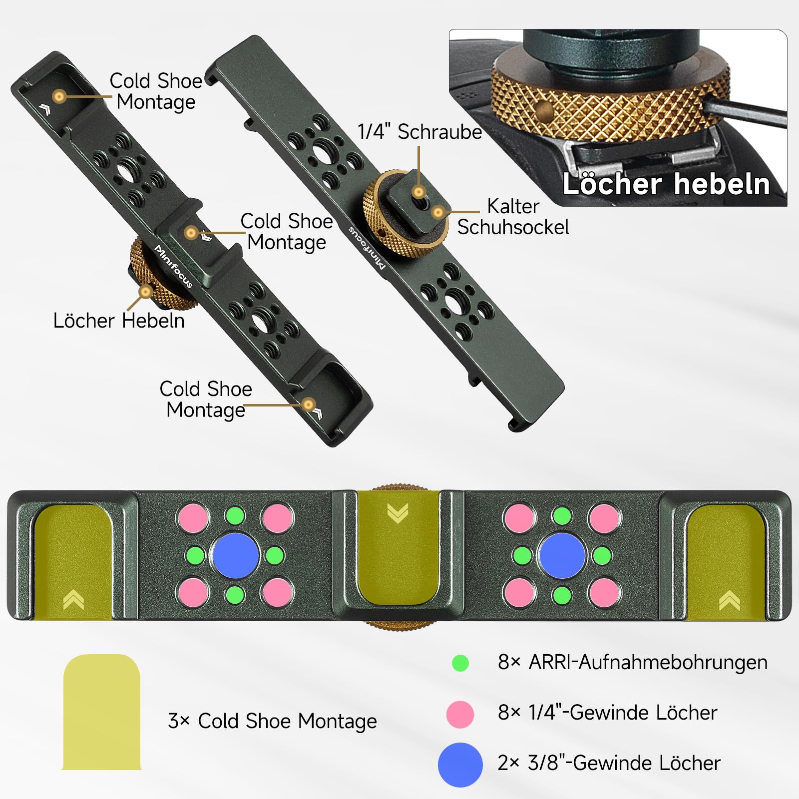 Triple Cold Shoe Mount Bracket, Triple Hot Shoe Extension Bar, Cold Shoe Mount Plate Adapter, Aluminium Triple Shoe Extension Bracket für Mikrofon, Led Video Light, Monitore
