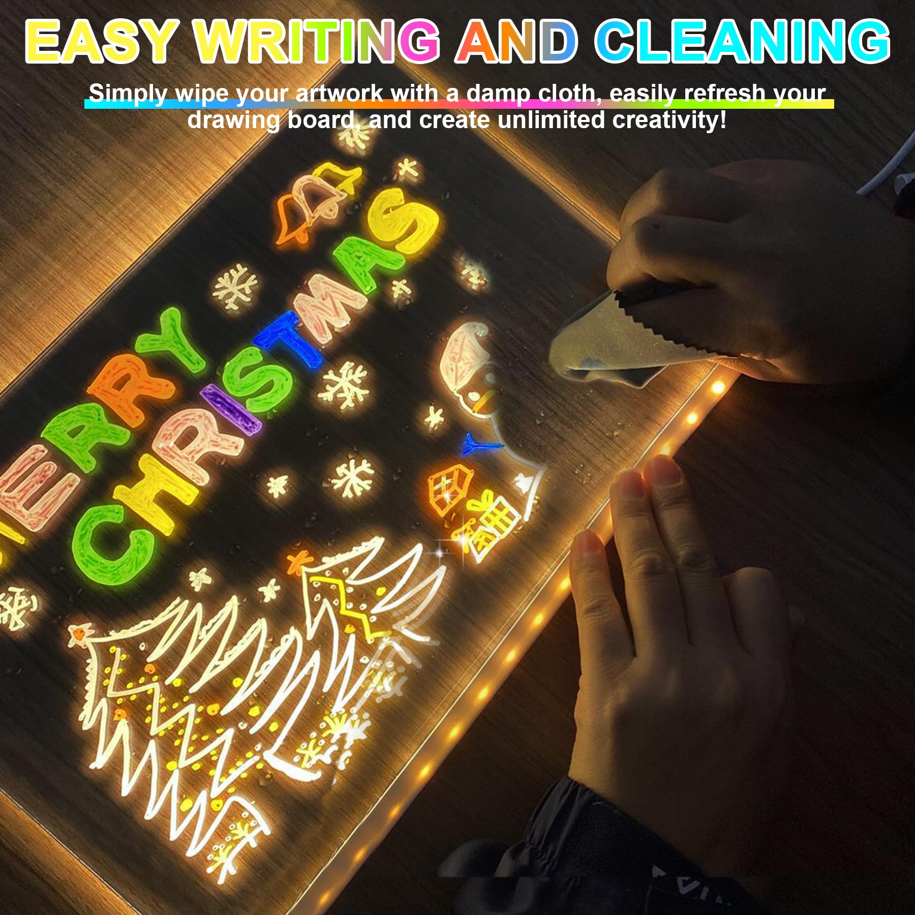 Tablero de dibujo LED con colores, 14 x 10 pulgadas, 3 modos y 7 colores de iluminación acrílica de borrado en seco, tablero de notas LED iluminado con soporte y 7 marcadores, tableta de escritura LED 7