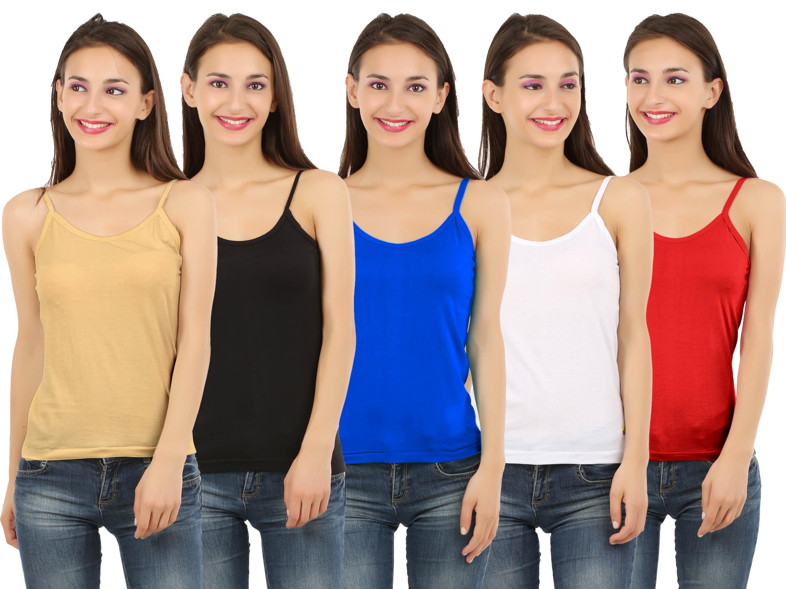 Women Multicolored Regular Cotton Solid Camisole (Pack of 5)-image-33