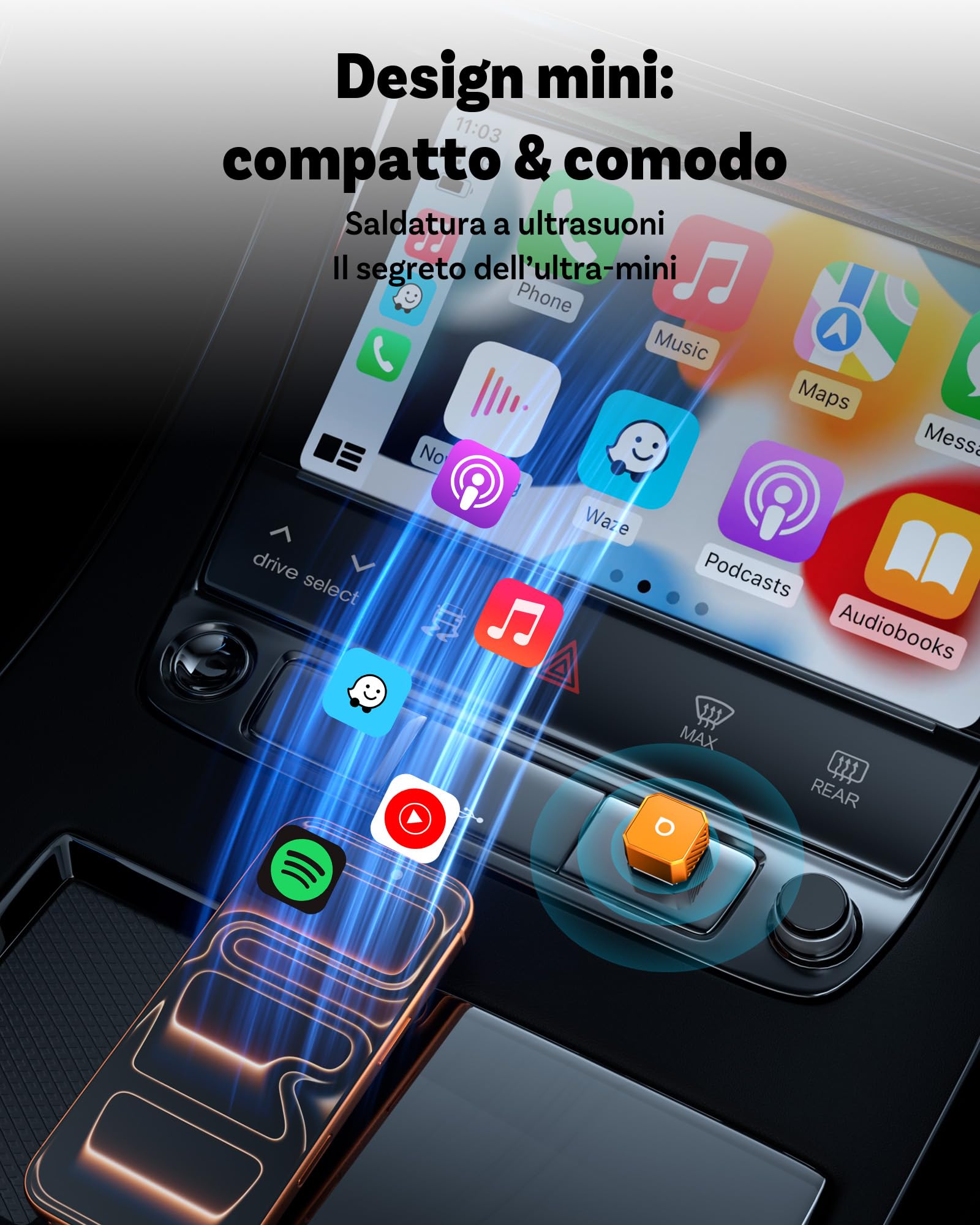 2026 Ottocast Mini Pot Orange, Adattatore CarPlay e Android Auto Wireless 2-in-1, Dongle Wireless Plug & Play, Auto-Connessione in 5s, Mini Cube per Auto con Sistema Cablato di Serie, iPhone e Android