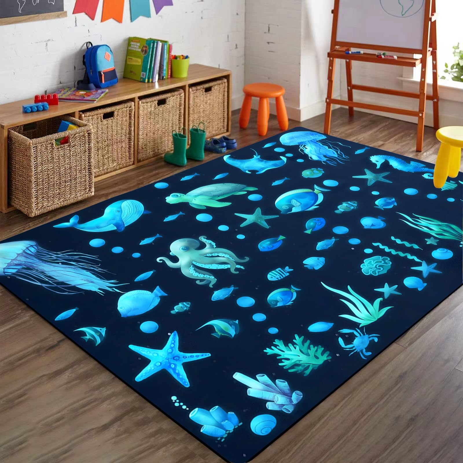 Bycmuoz Marine Animal Area Rug, 160x230cm, Underwater World Starfish Sea Turtle Dolphin Carpet for Bedroom, Pet Friendly Breathable Soft Non-Skid Carpets, Low Pile Non-Shedding Mat for Bedside Family