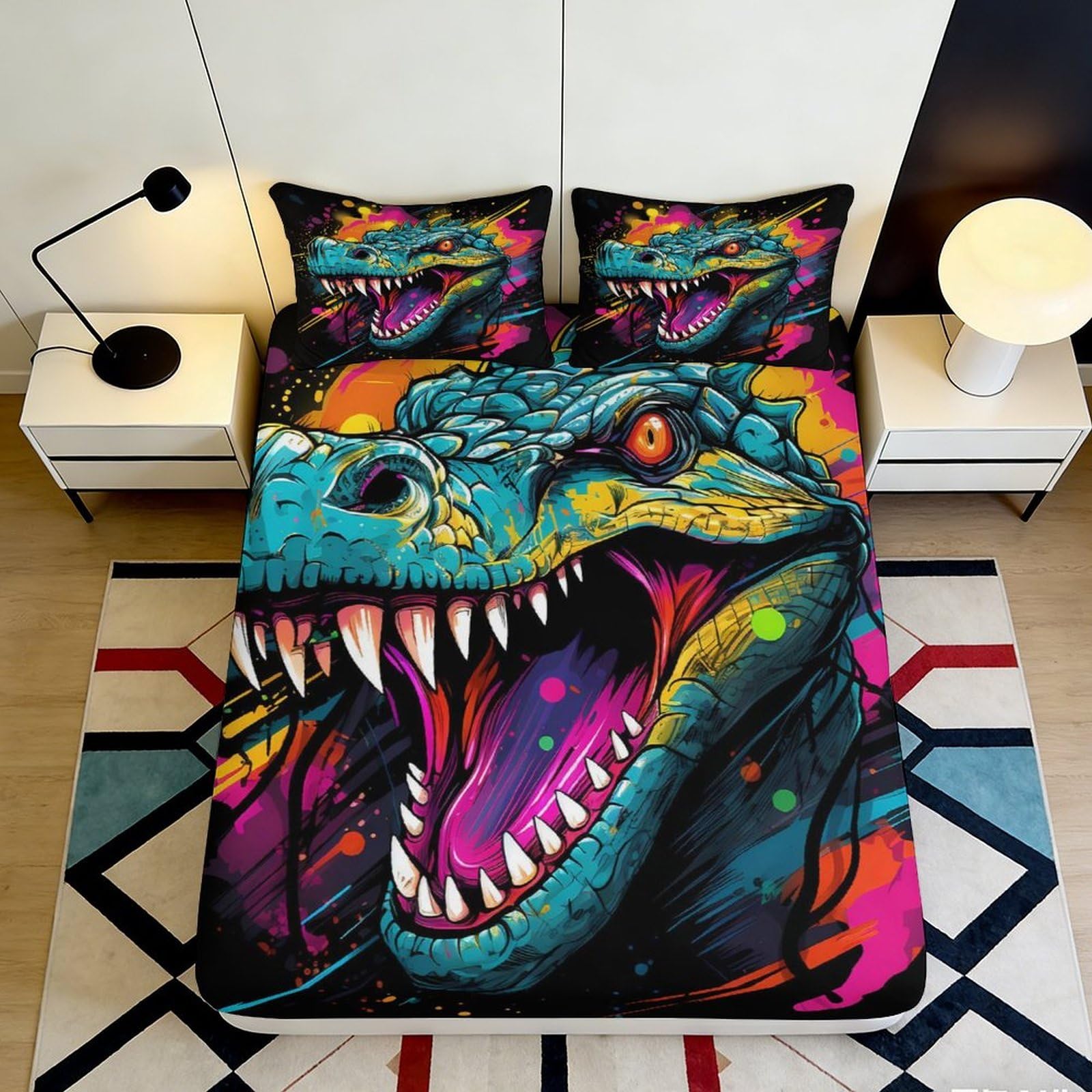 3D Printed Vibrant Dinosaur Fitted Sheet Microfiber Colorful T-Rex Mattress Cover for Bedroom Guest Room Dorm Decor 90x200x25cm