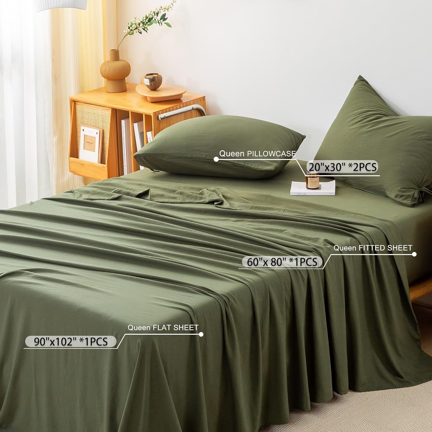 COTTEBED Boho Sheet Sets for Queen Size Bed, Lightweight Ultra-Soft Easy Care Washed PolyCotton, Vintage Wrinkle Look, 4 Piece Bedding Fitted Set with 16" Deep Pocket for All Seasons, Dark Olive Green