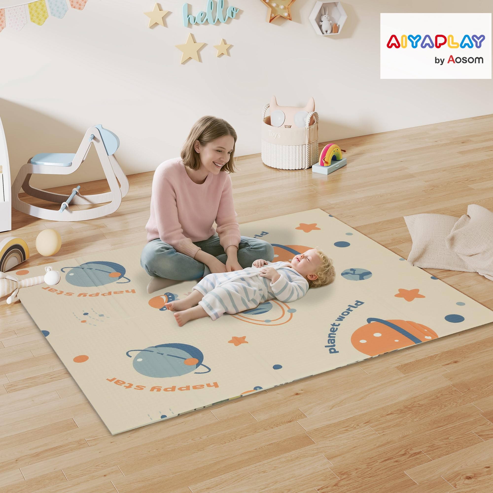 AIYAPLAY Tapis de jeu bébé pliable 177x146x1,5cm Astronaute & Planète | Double face, tapis d'activité réversible, tapis de mousse imperméable, pour pique-niques intérieur/extérieur