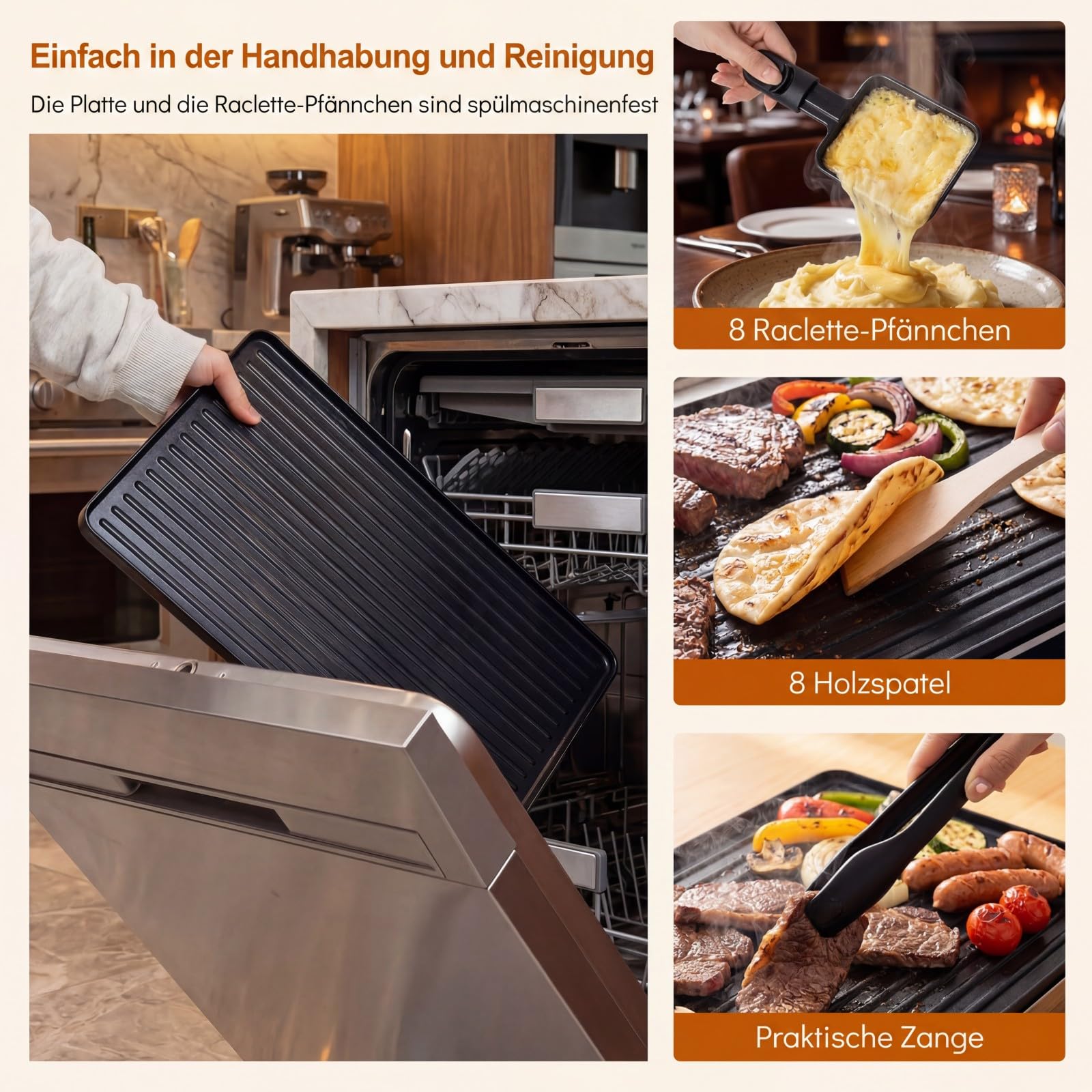 COSTWAY Grill raclette dla 8 osób, elektryczny grill z dwustronną nieprzywierającą płytą grillową 2 w 1 i regulowaną regulacją temperatury, w zestawie 8 patelni, 8 drewnianych szpatułek i szczypcami