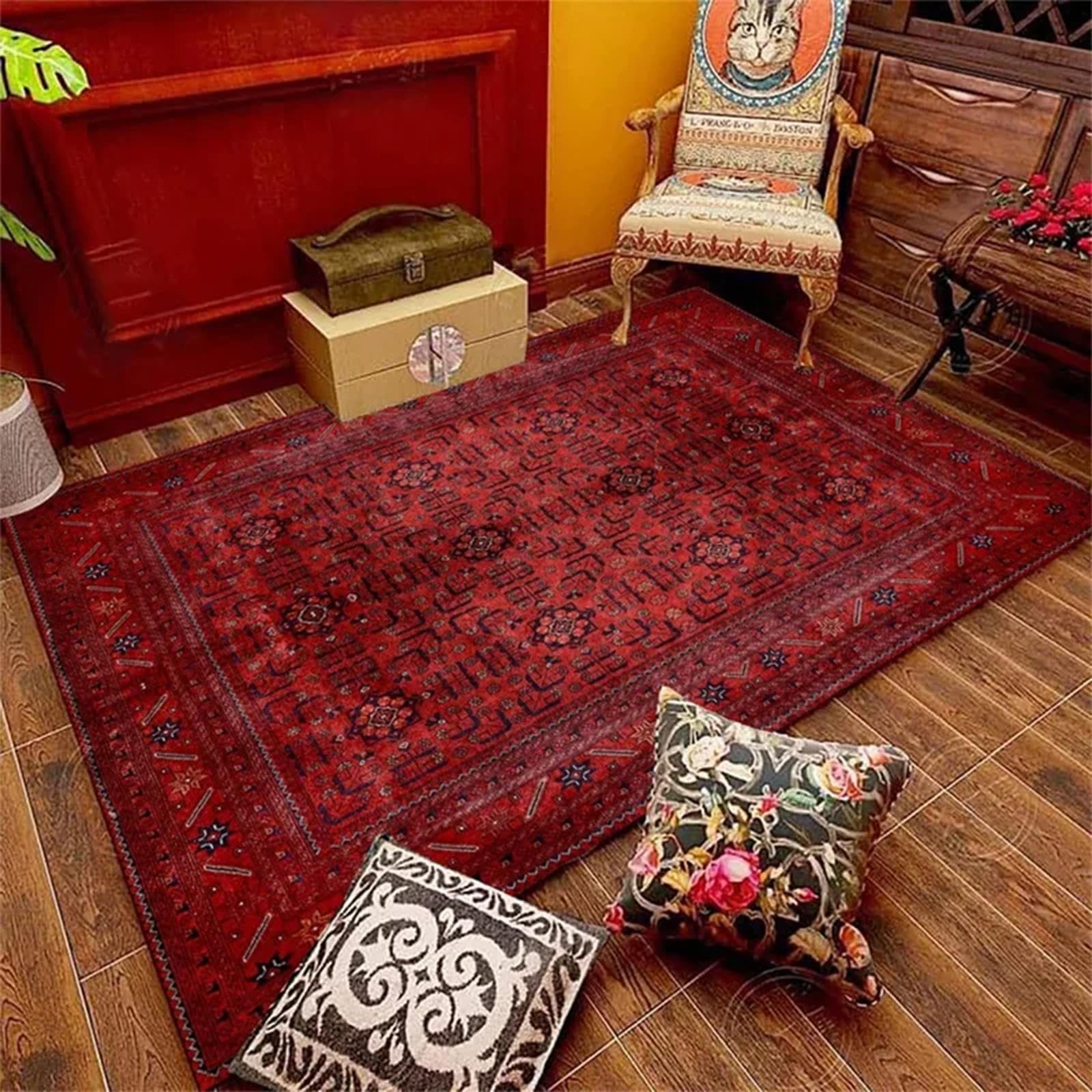 Maschinenwaschbarer Teppich mit Rutschfester Unterseite 60 x 90 cm, Multi Red Vintage Orientalischer Boho-Teppich, Persische Tribal-Textur für Küche, Schlafzimmer, Esszimmer, Wohnzimmer
