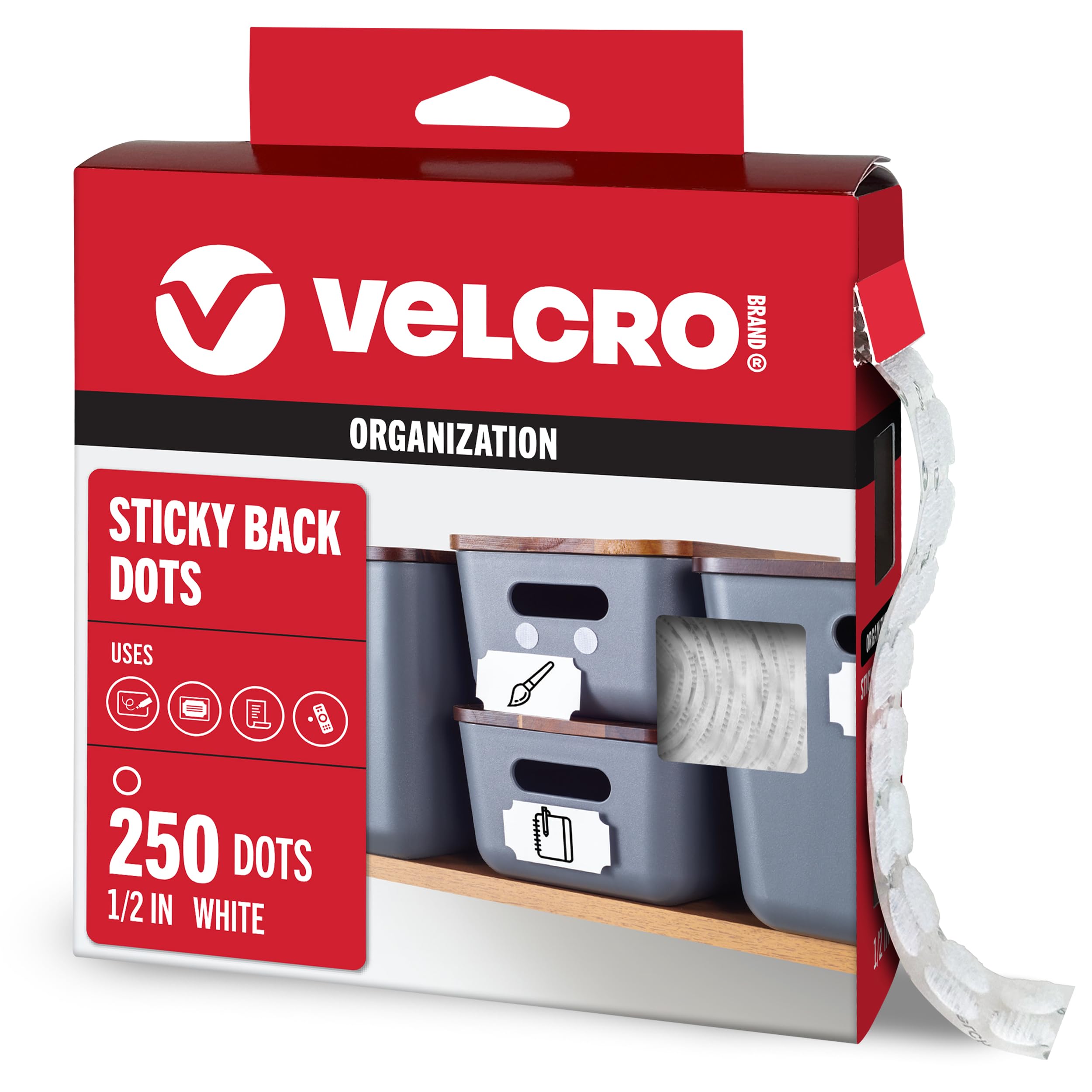 VELCRO Brand Punkte mit Klebstoff | 250 Stück, weiß | kleine 1/2 Zoll Kreise | selbstklebende Rückseite runde Punkte für sichere Montage im Büro, Schule oder Zuhause (VEL-30867-AMS)