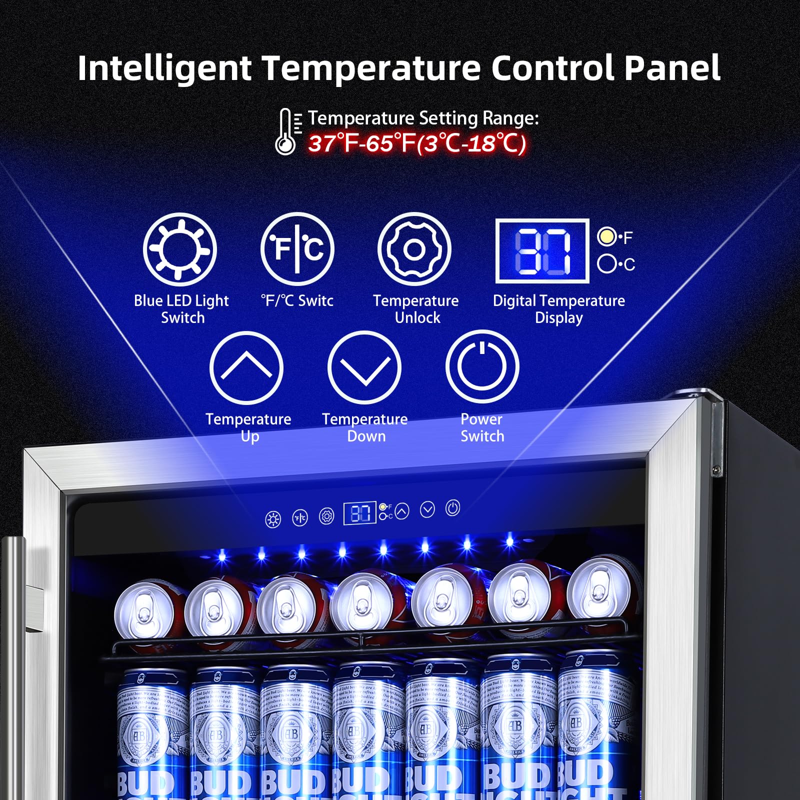 Mzavp 24 Inch Beverage Refrigerator, 180 Cans Built-In Beverage Cooler With Glass Door, Under Counter Or Freestanding Drink Fridge With LED Light & Adjustable Shelves For Home Bar Office - Silver on Fridge.com - View 2