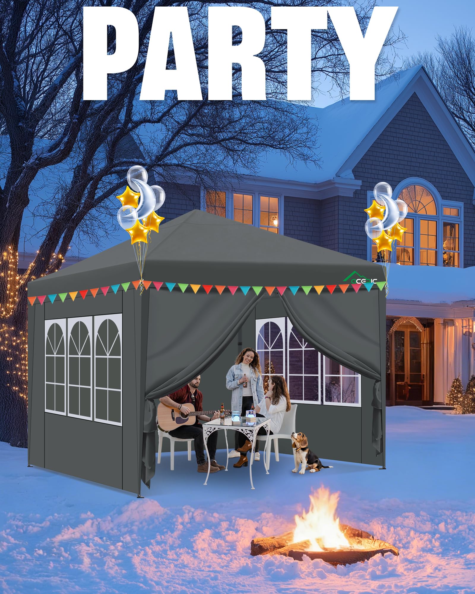 Acepic One-Touch Pop Up Pavillon 3x3 Wasserdicht Stabil Winterfest mit Seitenteile, Faltpavillon mit Verdickten Röhren,fur Garten,Party,Camping,Outdoor,Stahlrahmen(Grau)