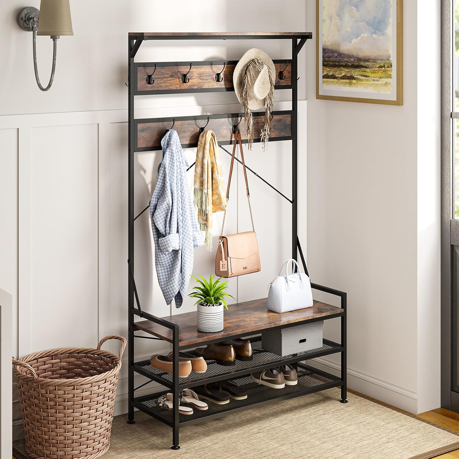 Giantex 4-in-1 Hall Tree with Bench and Shoe Storage, 72.5" Freestanding Coat Rack with Shoe Bench, 11 Hanging Hooks, Anti-Tipping Kits, Industrial Mudroom Storage Organizer for Entryway, Hallway