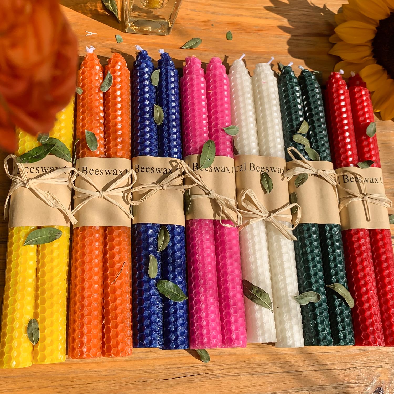 Paquete de 14 velas cónicas de cera de abeja, hechas a mano, velas de cera de abeja para el hogar, velas sin goteo y sin perfume, velas de 9 pulgadas de largo, velas de colores arcoíris Kissingfish