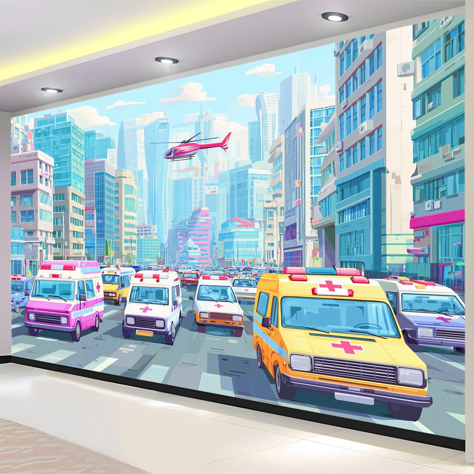 Fototapeta 3D 200 x 140 cm - wielokolorowa włóknina tapeta ścienna do salonu i telewizora biura - dekoracja XXL niesamoprzylepna kreskówka śmigłowiec pojazdów ratowniczych