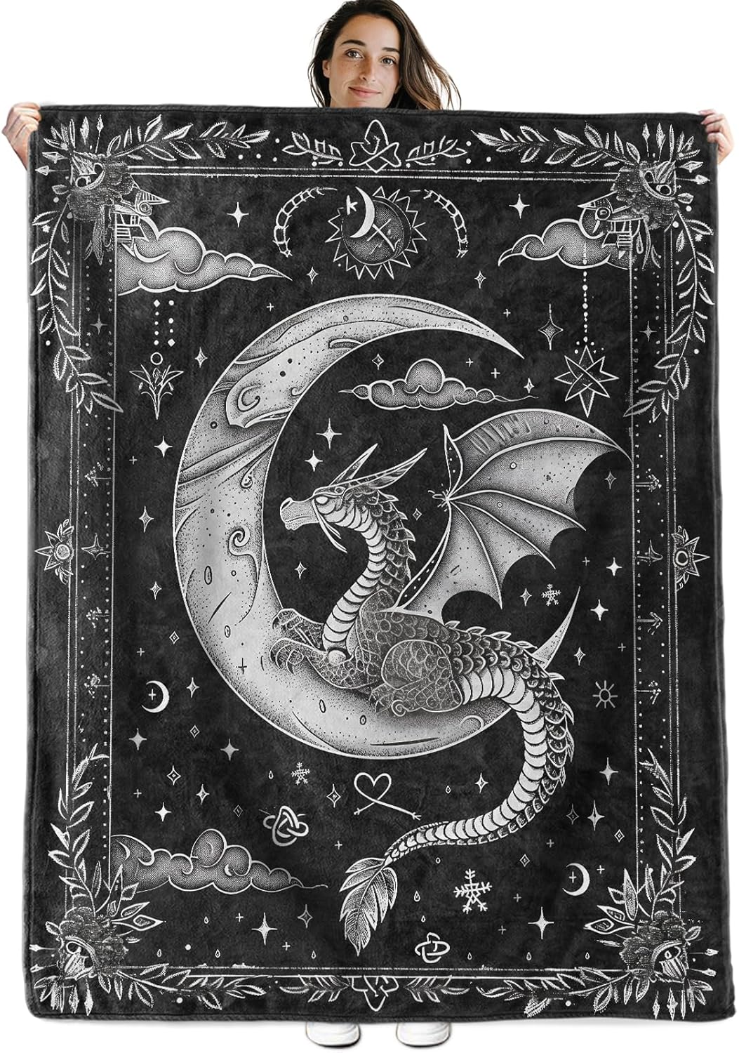 Mystical Dragon and Moon Flannel Blanket 50x60in for Dorm Picnic,Mystic Creature and Celestial Throw Blankets,Home Decoration,Warm All Season Use,Thoughtful Gifts for Adults Fantasy Lovers