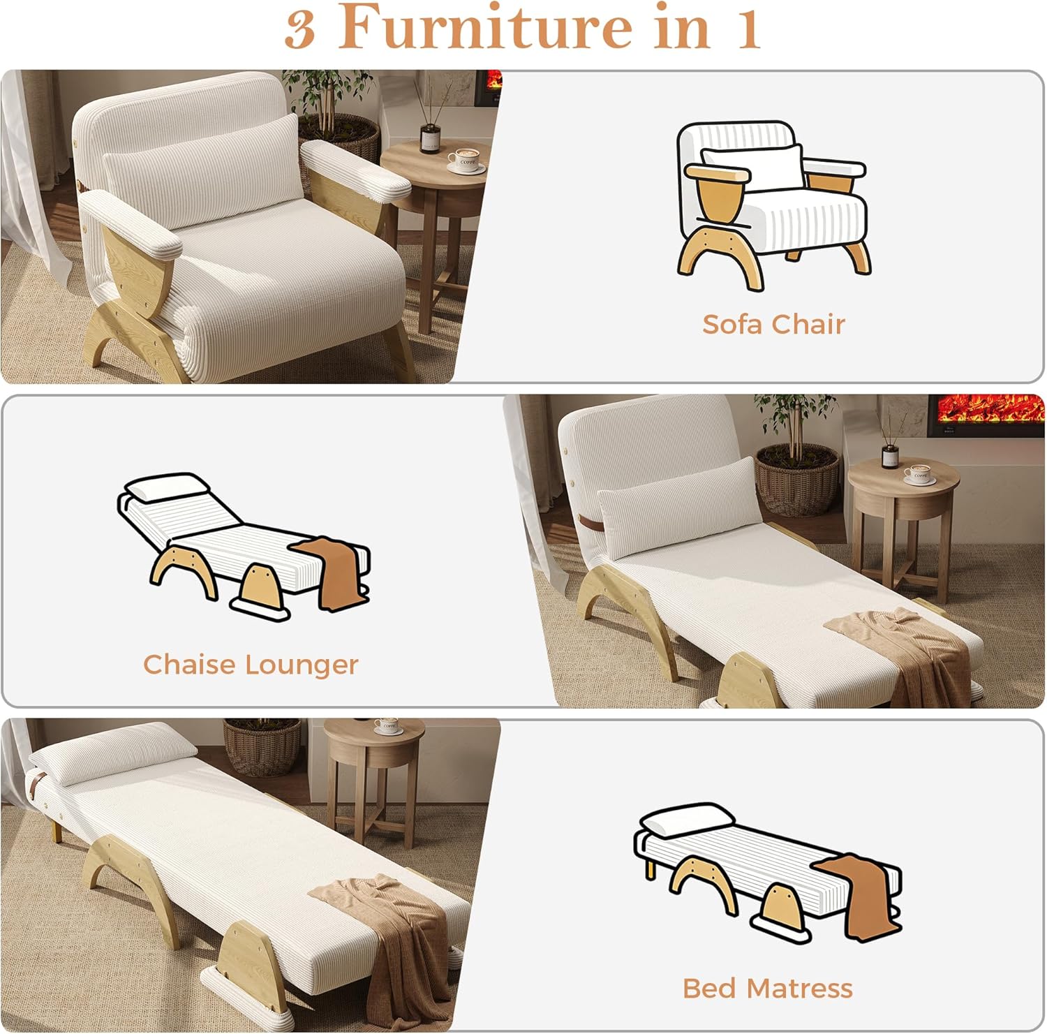 JASIWAY 3 in 1 Convertible Sleeper Chair Bed, Corduroy Folding Armchair Sleeper Couch with Adjustable Backrest, Modern Futon Chair Single Guest Bed for Small Space, Apartment, Corduroy Beige, 30" | 3 in 1 Convertible, Adjustable Backrest, Premium Fabric, Widened Armrests, Triangle Support