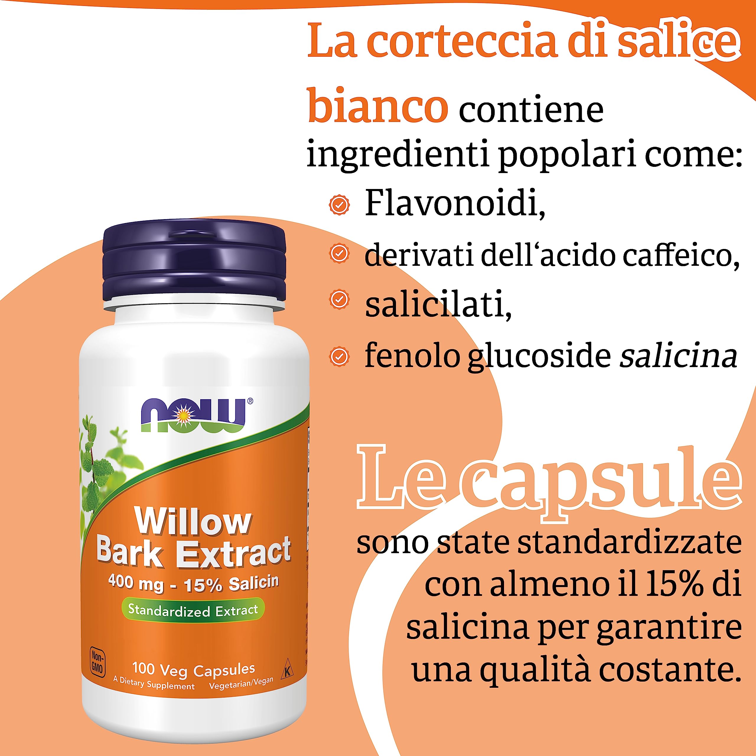 Now Foods, Willow Bark Extract (Estratto di Corteccia di Salice), 400mg, 100 Capsule vegane, Testato in Laboratorio, Senza Soia, Senza Glutine, non OGM