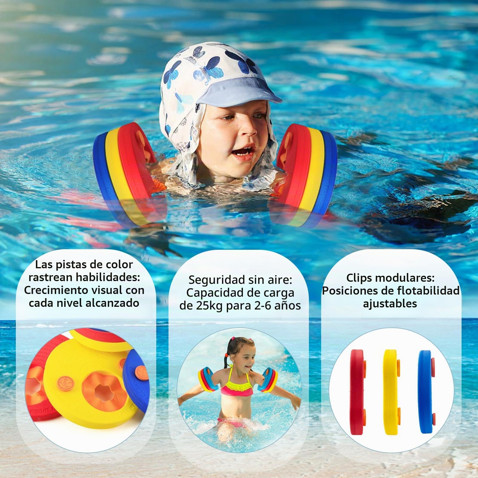6 Pcs Manguitos Piscina y Bolsa de Almacenamiento- Discos Natación, Manguitos Niño-Discos Flotadores Niños Manguitos Evolutivos Flotador Bebe Natación de Infantil de Piscina para Entrenamiento