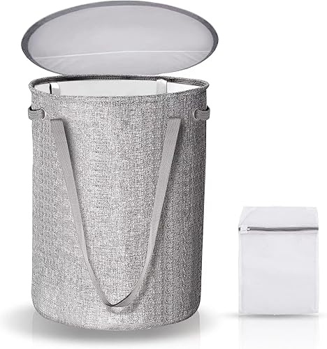 Laundry Hamper with Lid, TEAYINGDE collapsible Laundry Basket freestanding, foldable Washing Bin, Round Clothes Hamper for Bedroom Bathroom Dorm,
