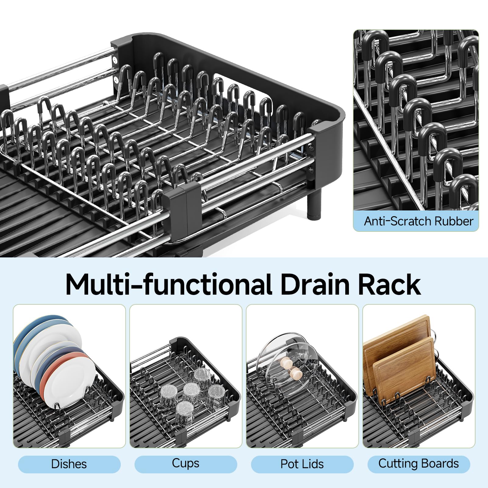 KINGRACK Escurridor de Platos, Escurreplatos Extensible, Escurridor de Platos Acero Inoxidable con Portautensilios Extraíble, Escurreplatos sobre Fregadero con Caño de Drenaje, Negro
