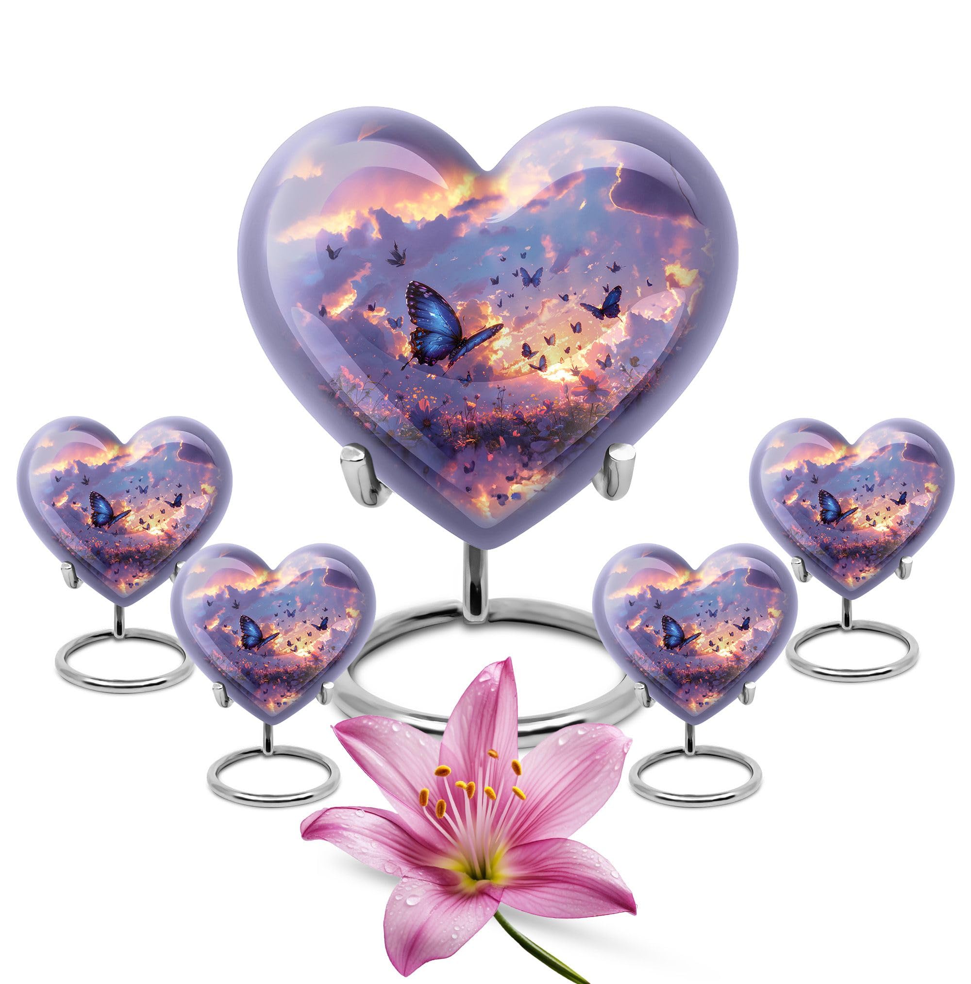 YATHABHISA Twilight Butterfly Urns for Human Ashes Adult Man - Heart Urn, Large Miniature Butterfly Urn for Female, Funeral Urns for Adults Ashes - 8Inch with mini 3inch Keepsake Combo - Pack of 5