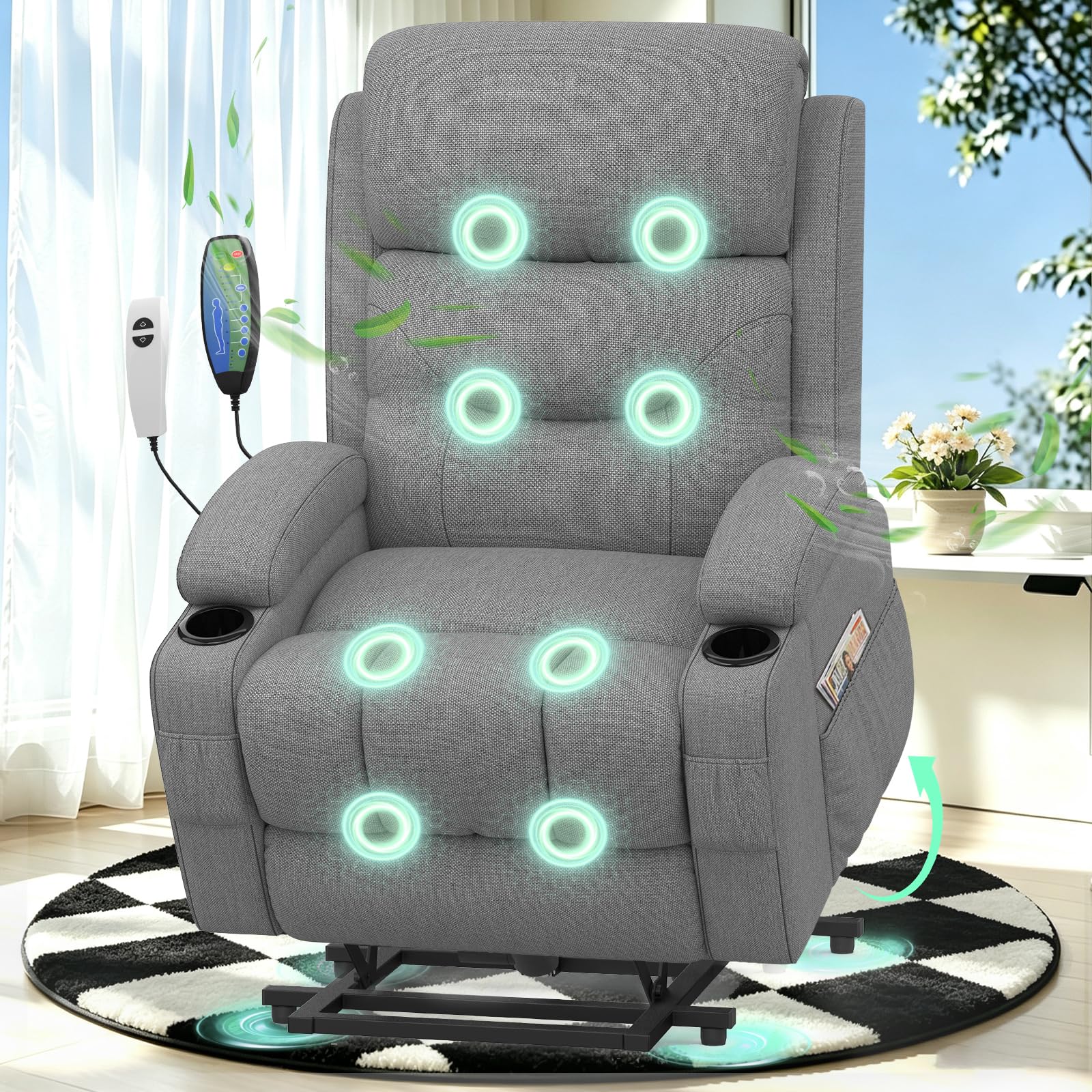 Recliner Lift Chair For the Elderly,Recliner Armchair with Massage and Heat Lift Assist Recliner Chair for Living Room Lounge Sofa 2 Cup Holders & 4 Storage Pockets USB + Type-C Charging Port