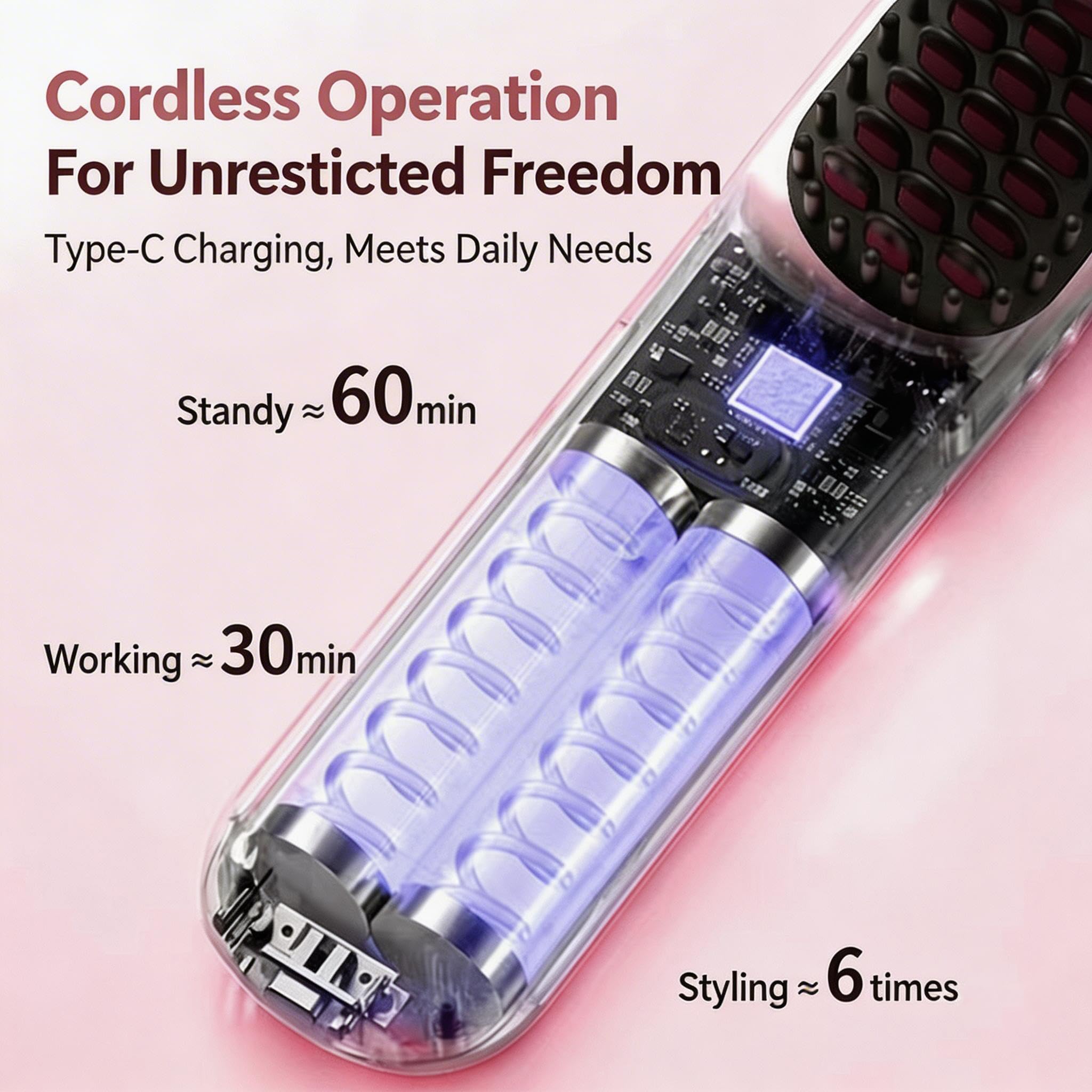 Go Brush - Pro for Short Hair - 2026 Upgraded Cordless Straightening Brush with 30s Fast Heat, 4 Temperature Settings, Ionic & Ceramic Care, 4000mAh USB-C Rechargeable for Frizz-Free Styling (Pink) - 4