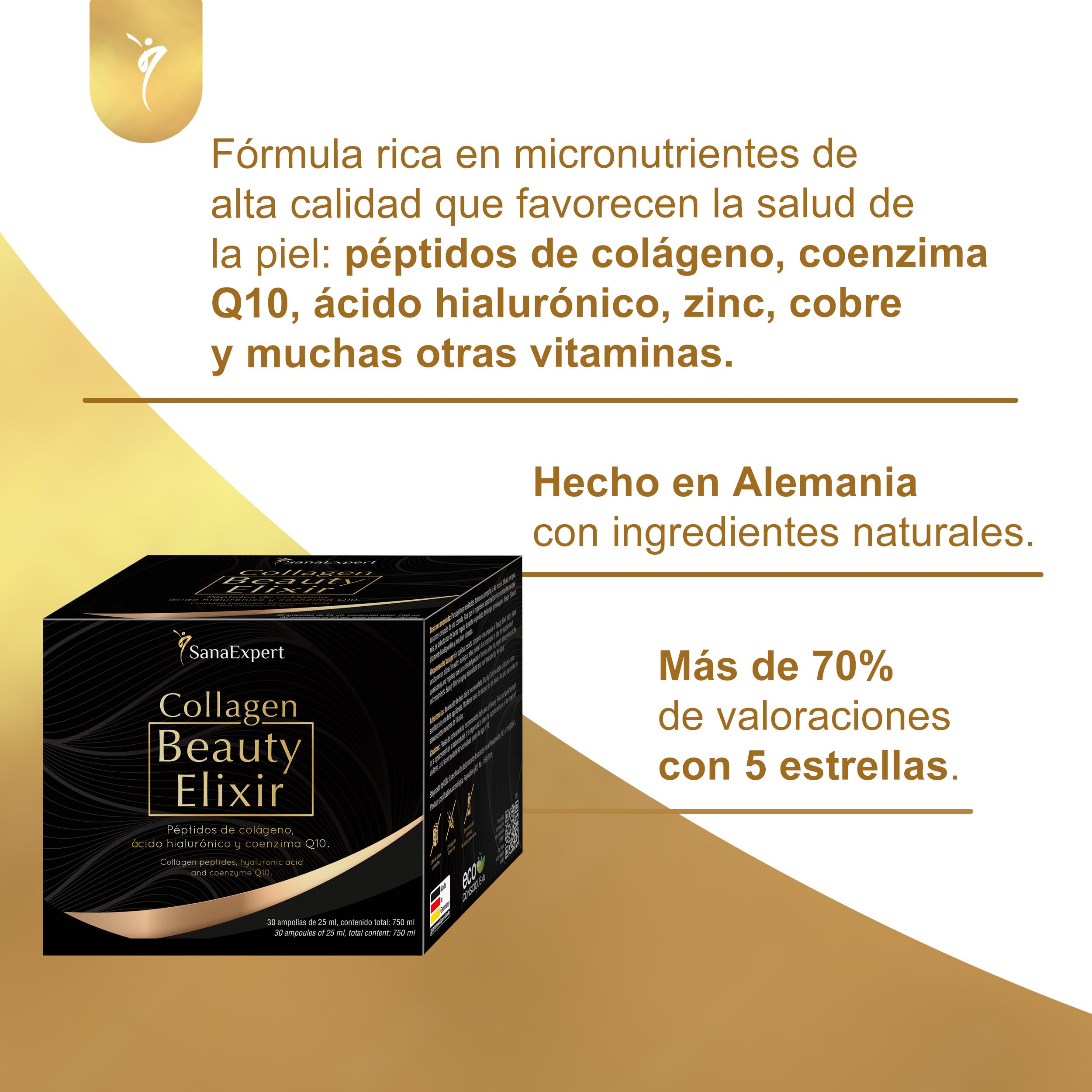 SanaExpert Collagen Beauty Elixir - Complemento para Cuidado de Piel, Cabello y Uñas - Colágeno, Ácido Hialurónico y Coenzima Q10-30 Ampollas - Fabricado en Alemania