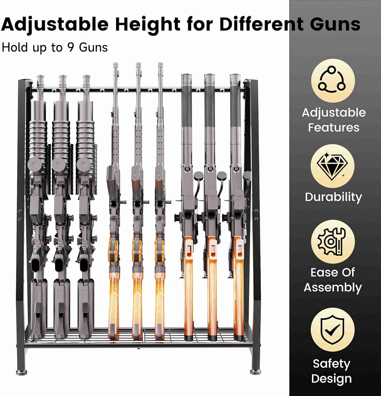 Gun Rack Rifle Stand Floor for Indoor Display, Gun Holder Storage Organizer Holds 9 Long Guns, Heavy Duty Metal Adjustable Vertical Gun Shelf for Home Garage or Retail Shop