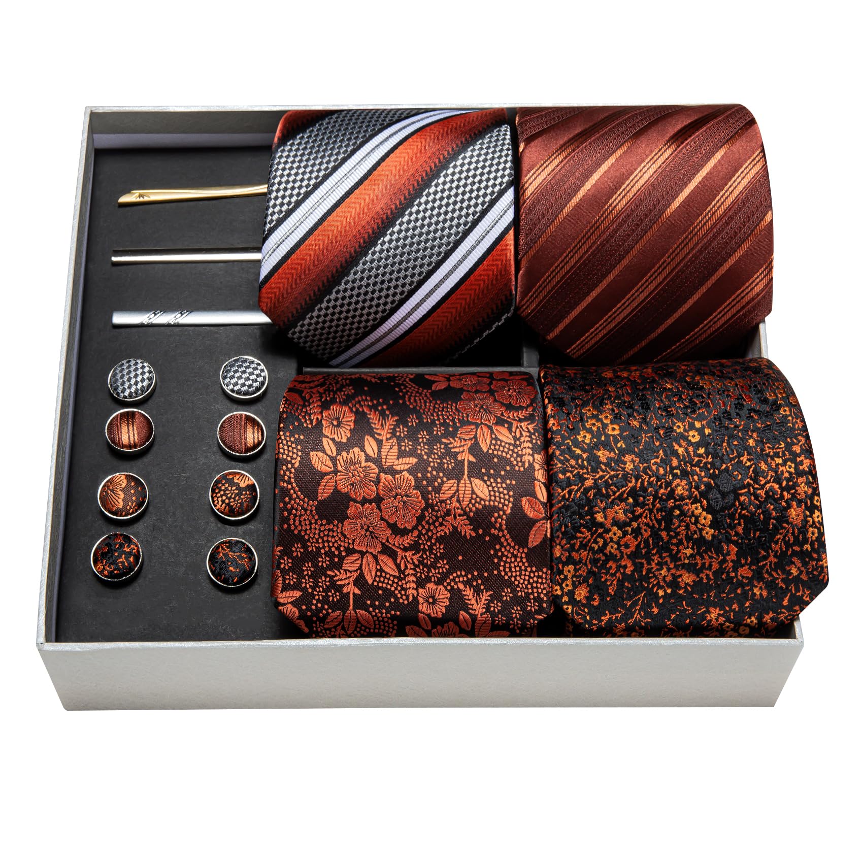 Barry.Wang Designer Mens Tie Sets Collection, Eleagnt Gift Box Tie Clips Handkerchief Cufflink Set