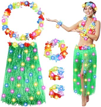 Viviwo 5-Piece Hawaiian Hula Costume Set For Girls – Grass Skirt, Lei Necklace, Headband & Wristbands (Pink)