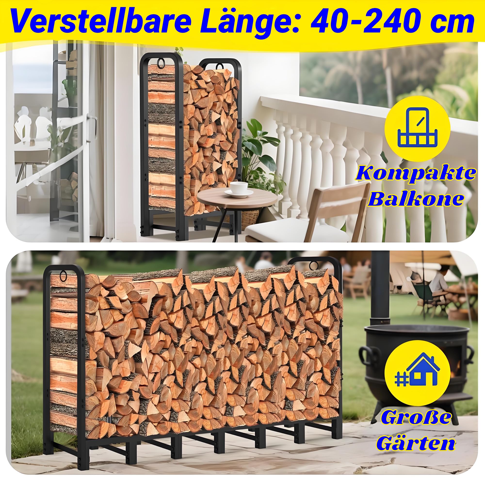 Amagabeli Kaminholzregal Aussen für Den Außenbereich 244cm x 30cm x 107cm für Kamin Brennholzstapel-Lagerregale für Terrasse Metall-Holz-Halter-Ständer Stahlrohr-Holz-Werkzeuge Schwarz